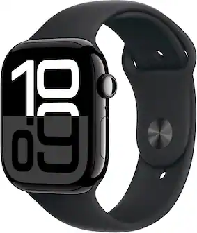 Angle. Apple - Geek Squad Certified Refurbished Apple Watch Series 10 (GPS) 46mm Aluminum Case with Black Sport Band - M/L - Jet Black.