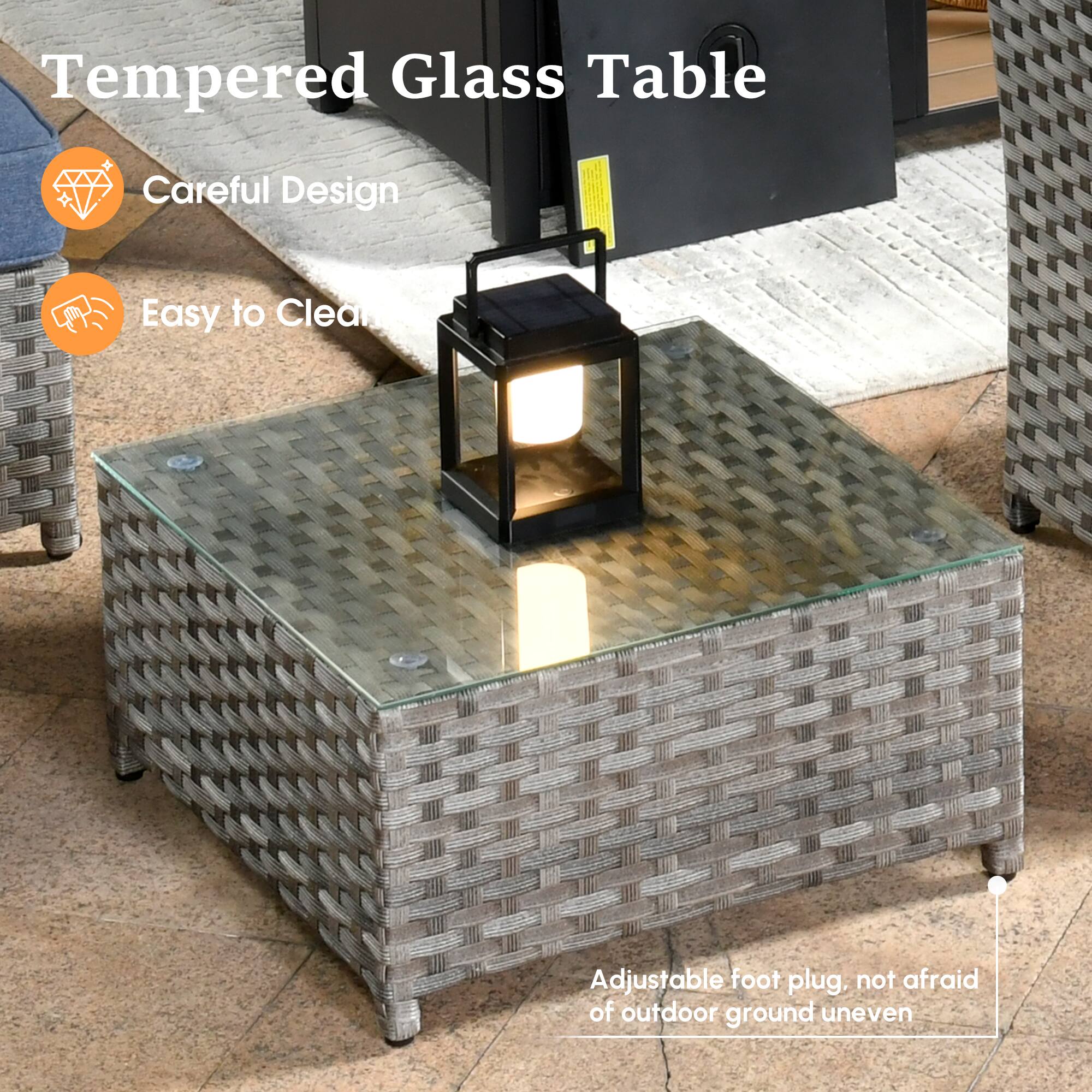 Tempered Glass Table

- Careful Design
- Easy to Clean
- Adjustable foot plug, not afraid of outdoor ground uneven