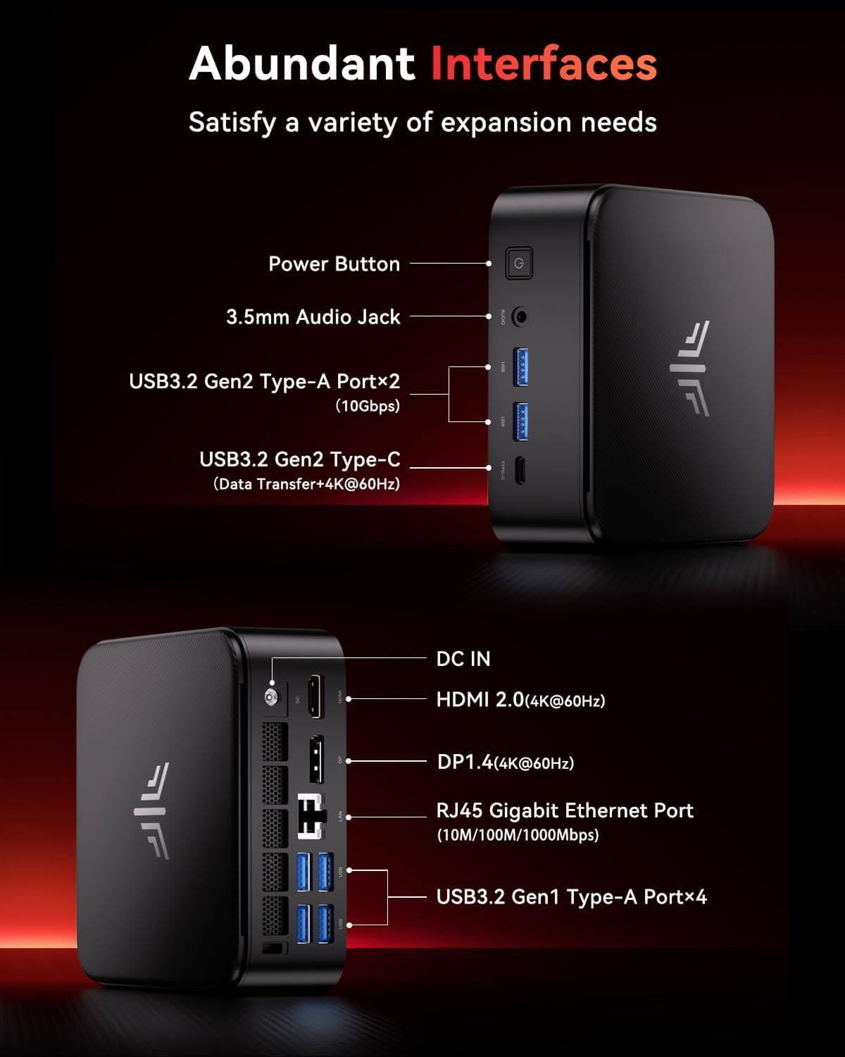 Abundant Interfaces Satisfy a variety of expansion needs

- Power Button
- 3.5mm Audio Jack
- USB3.2 Gen2 Type-A Port x2 (10Gbps)
- USB3.2 Gen2 Type-C (Data Transfer+4K@60Hz)
- DC IN
- HDMI 2.0 (4K@60Hz)
- DP1.4 (4K@60Hz)
- RJ45 Gigabit Ethernet Port (10M/100M/1000Mbps)
- USB3.2 Gen1 Type-A Port x4