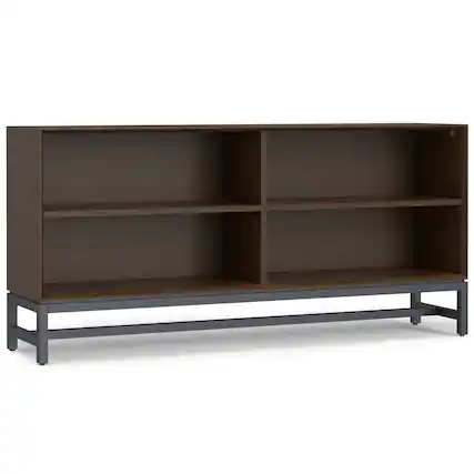 Front. Simpli Home - Banting SOLID HARDWOOD 30 inch x 64 inch Modern Industrial Low Wide Bookcase in Walnut Brown - Walnut Brown.