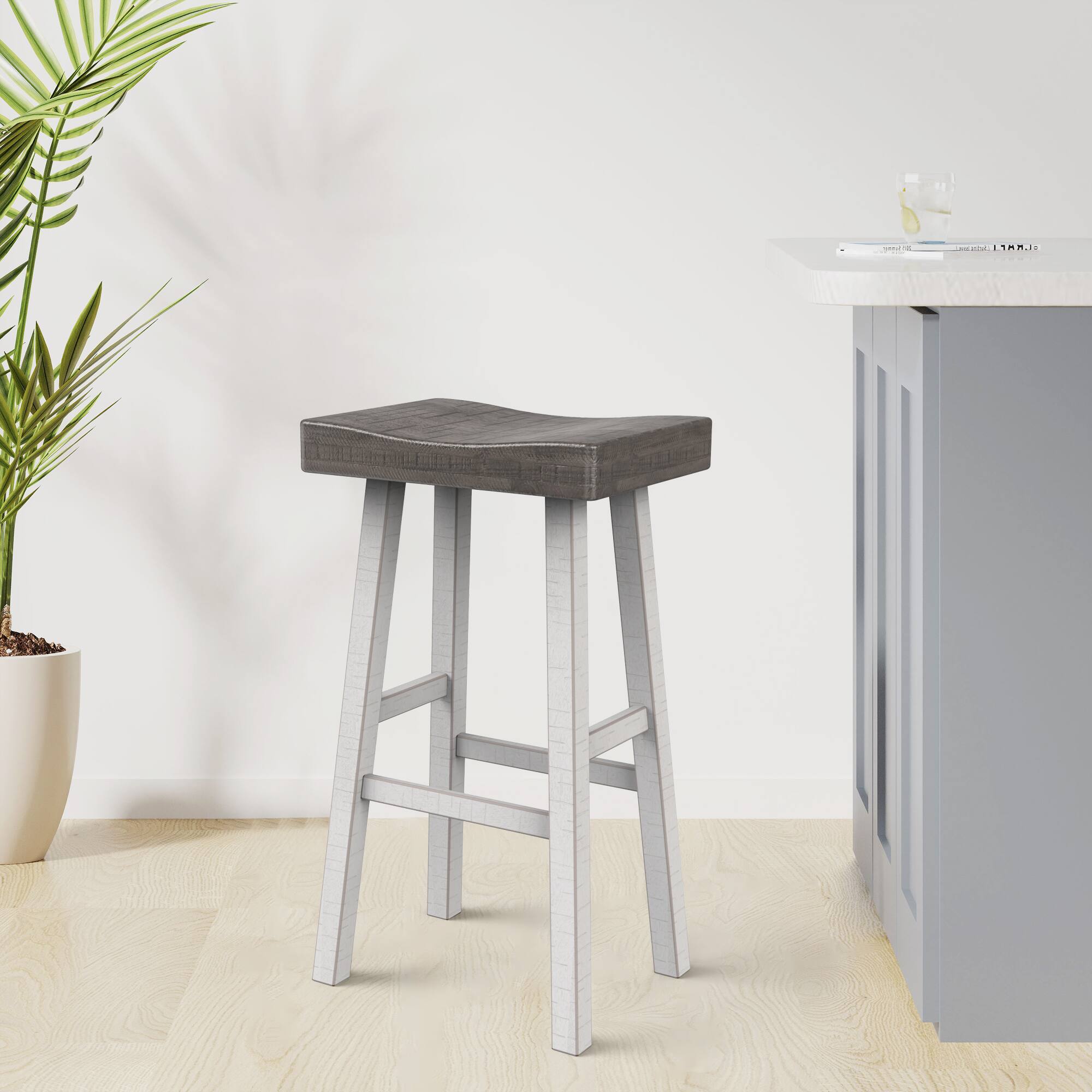 Left. Vaczon - Modern 29 Inch Bar Stools Set of 2, Solid Wood Base, Contour Seat for Kitchen Counter Bar - White.