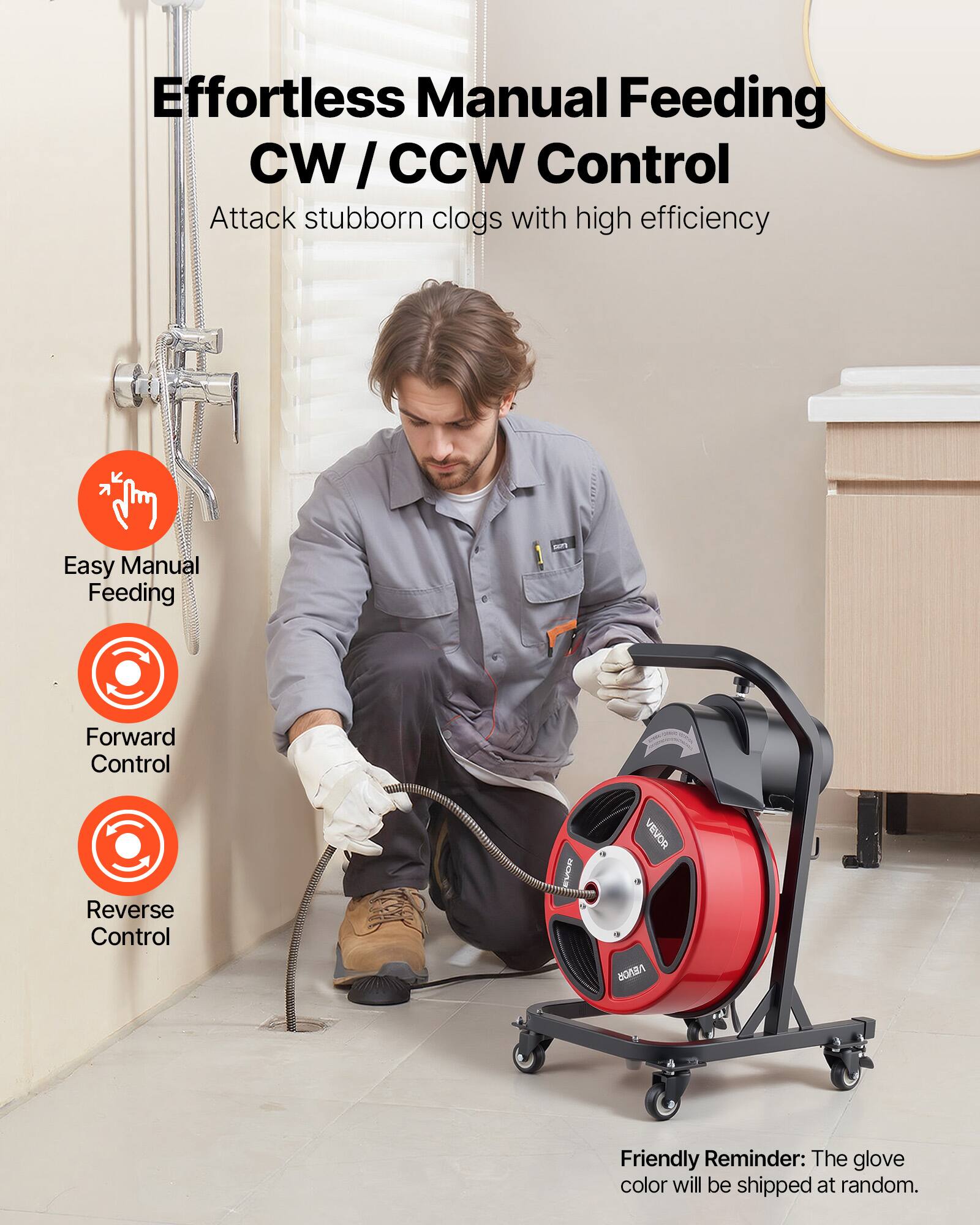 Effortless Manual Feeding CW/CCW Control  
Attack stubborn clogs with high efficiency  

Easy Manual Feeding  
Forward Control  
Reverse Control  

Friendly Reminder: The glove color will be shipped at random.