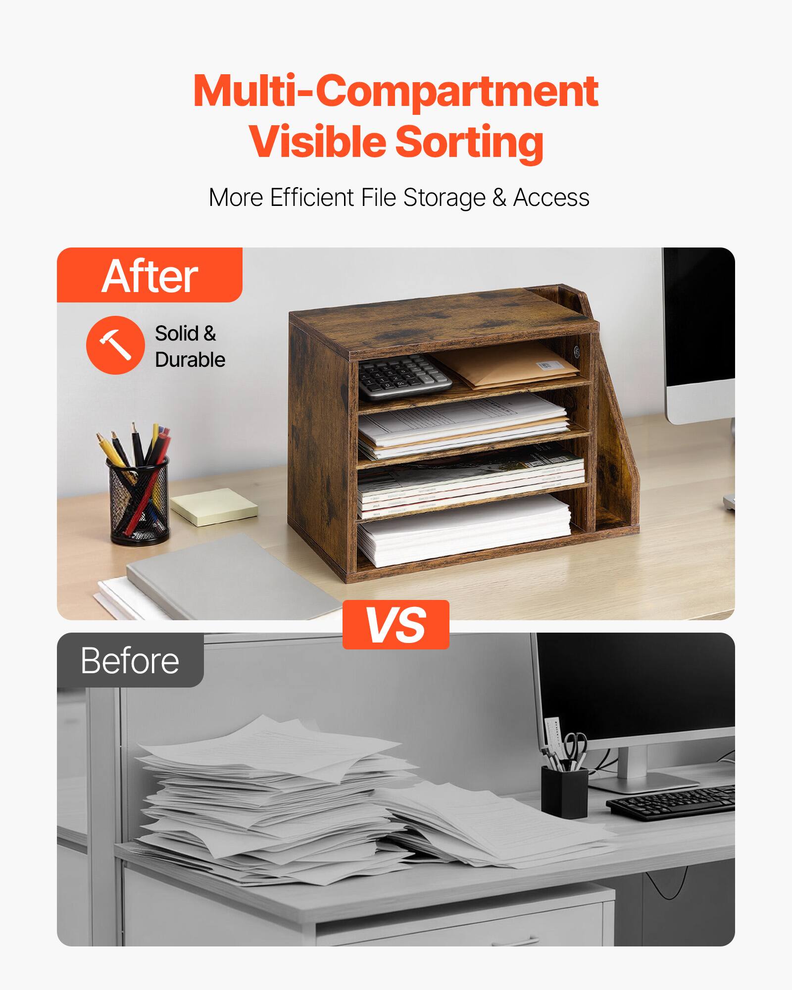 Multi-Compartment Visible Sorting  
More Efficient File Storage & Access  

After  
Solid & Durable  

VS  

Before