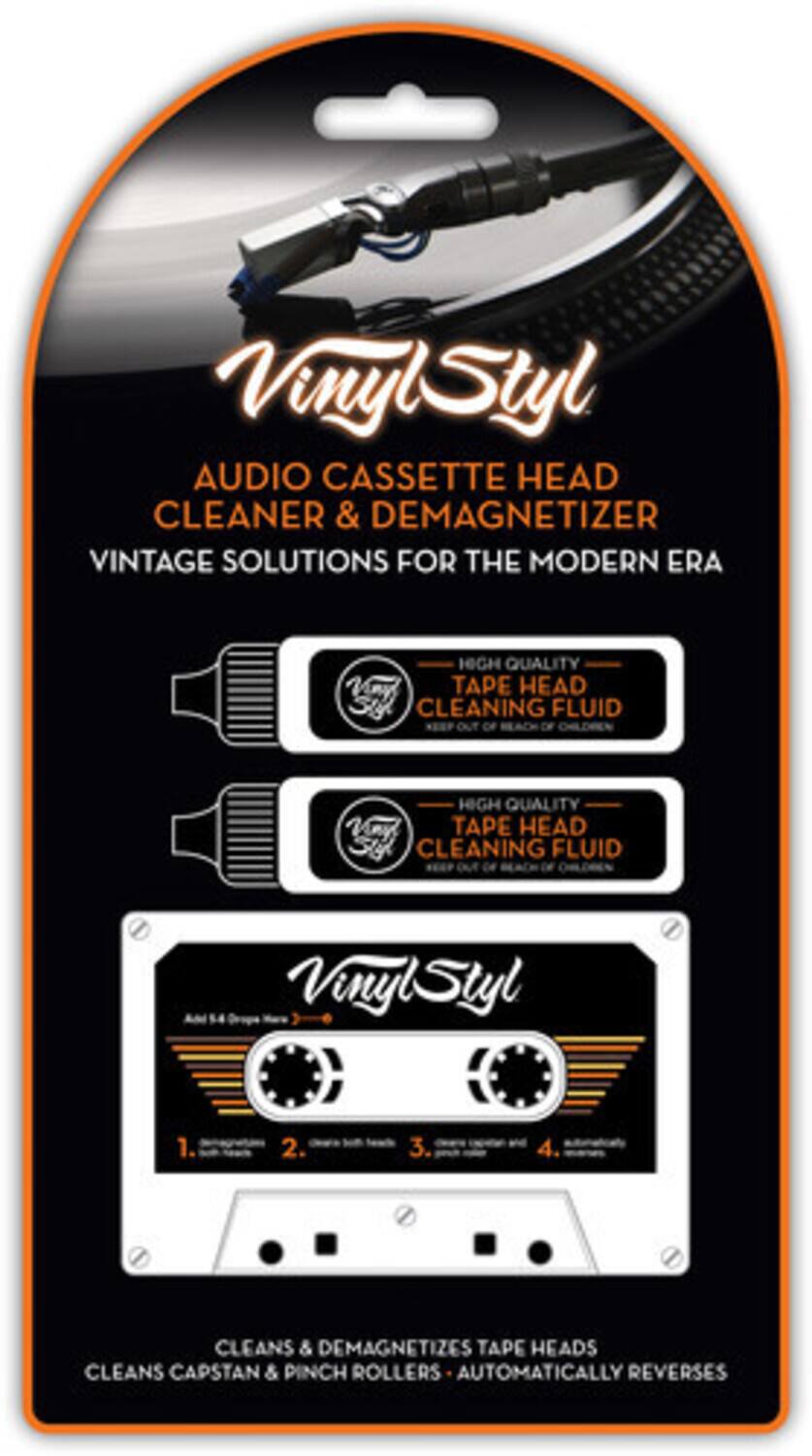 Vinyl Styl  
AUDIO CASSETTE HEAD CLEANER & DEMAGNETIZER  
VINTAGE SOLUTIONS FOR THE MODERN ERA  

HIGH QUALITY TAPE HEAD CLEANING FLUID  
HIGH QUALITY TAPE HEAD CLEANING FLUID  

1. CLEANS & DEMAGNETIZES TAPE HEADS  
2. CLEANS CAPSTAN & PINCH ROLLERS  
3. AUTOMATICALLY REVERSES  

CLEANS & DEMAGNETIZES TAPE HEADS  
CLEANS CAPSTAN & PINCH ROLLERS - AUTOMATICALLY REVERSES