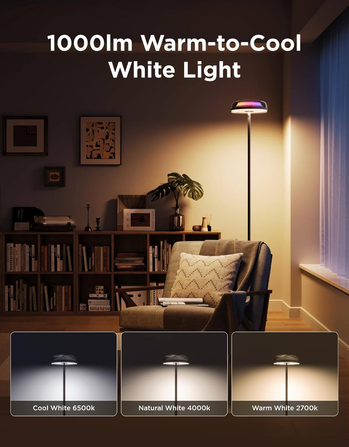 1000lm Warm-to-Cool White Light

- Cool White 6500k
- Natural White 4000k
- Warm White 2700k