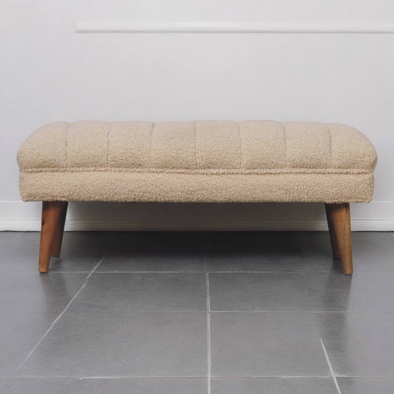 Angle. Artisan Furniture - Artisan Furniture Solid Wood Cream Boucle Puffer Bench, Upholstered, Brown & Cream - Brown & Cream.