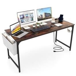 Resenkos - 60 Inch Computer Desk with Charging Station Storage Bag-Rustic Home Office Desks, Gaming Computer Desks for Study - Brown
