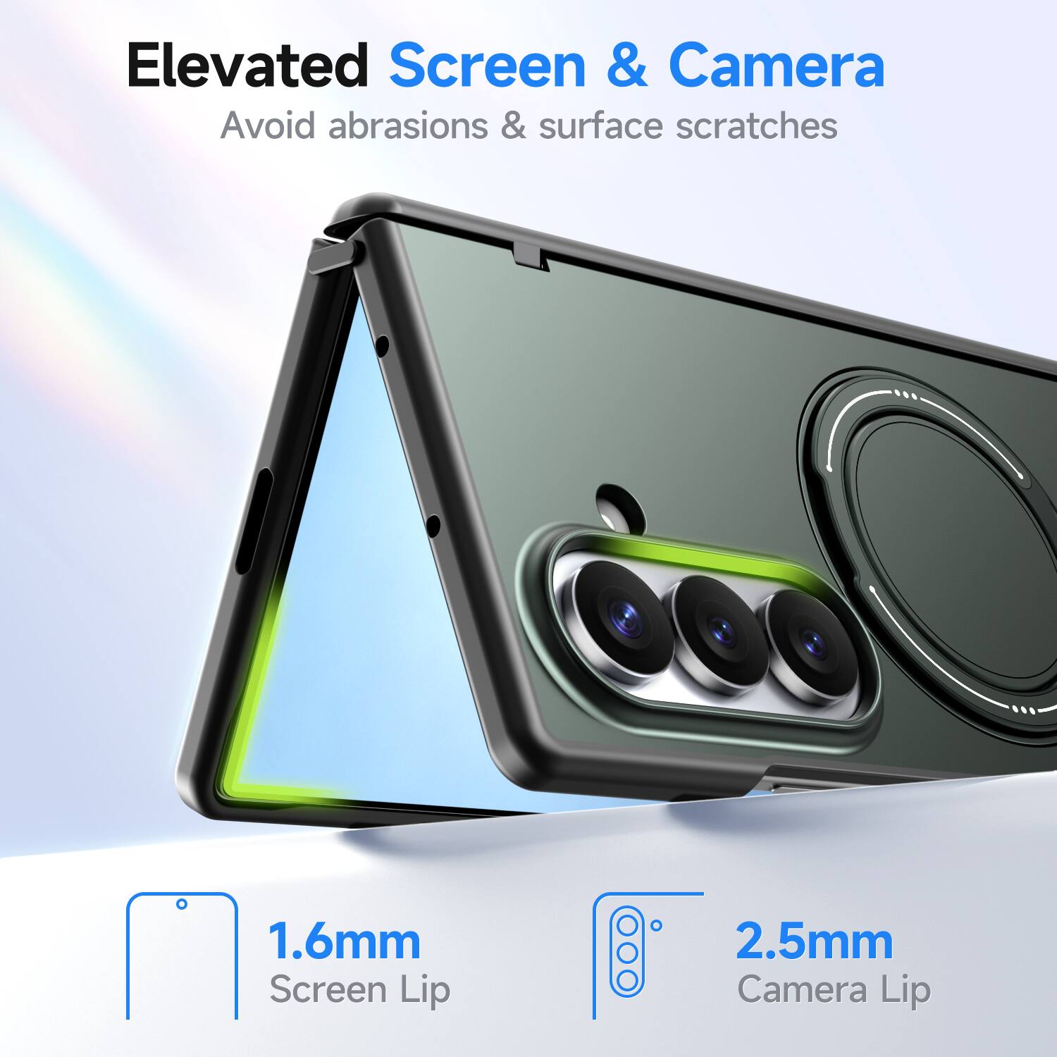 Elevated Screen & Camera  
Avoid abrasions & surface scratches  

1.6mm Screen Lip  
2.5mm Camera Lip