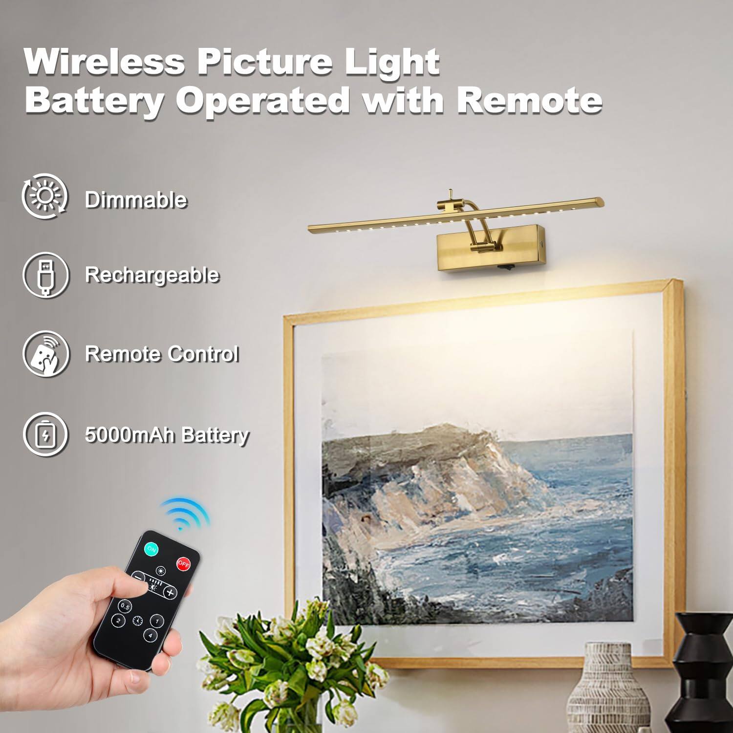Wireless Picture Light Battery Operated with Remote

- Dimmable
- Rechargeable
- Remote Control
- 5000mAh Battery