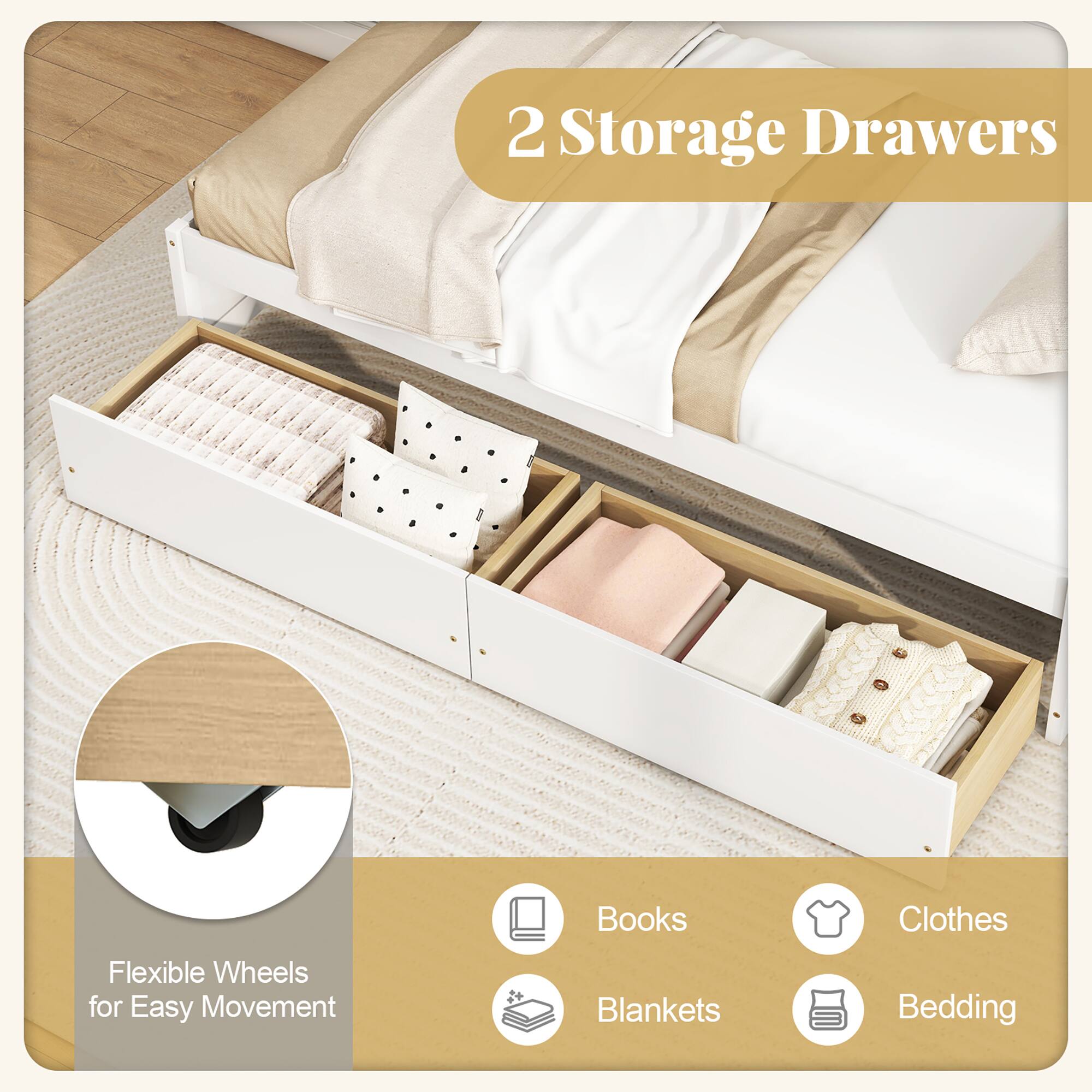 2 Storage Drawers

Flexible Wheels for Easy Movement

Books  
Clothes  
Blankets  
Bedding
