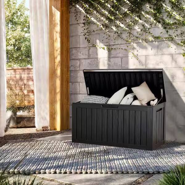 Angle. Yardgrace - 90 Gallon Outdoor Storage Box, Heavy Duty Resin, Waterproof Double Wall, Garden Patio Organizer - Black.