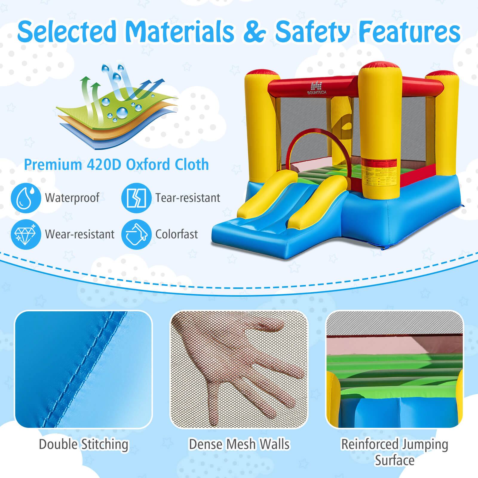 Selected Materials & Safety Features

Premium 420D Oxford Cloth
- Waterproof
- Tear-resistant
- Wear-resistant
- Colorfast

Double Stitching
Dense Mesh Walls
Reinforced Jumping Surface