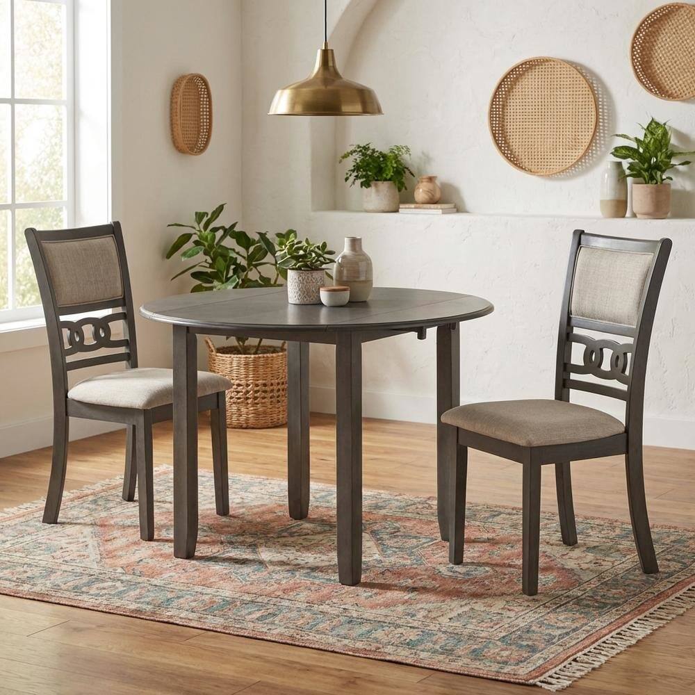 Left. FurniFact - 3-Piece Wood Dining Set Round Drop-Leaf Table 2 Chairs Contemporary Gray - Gray.