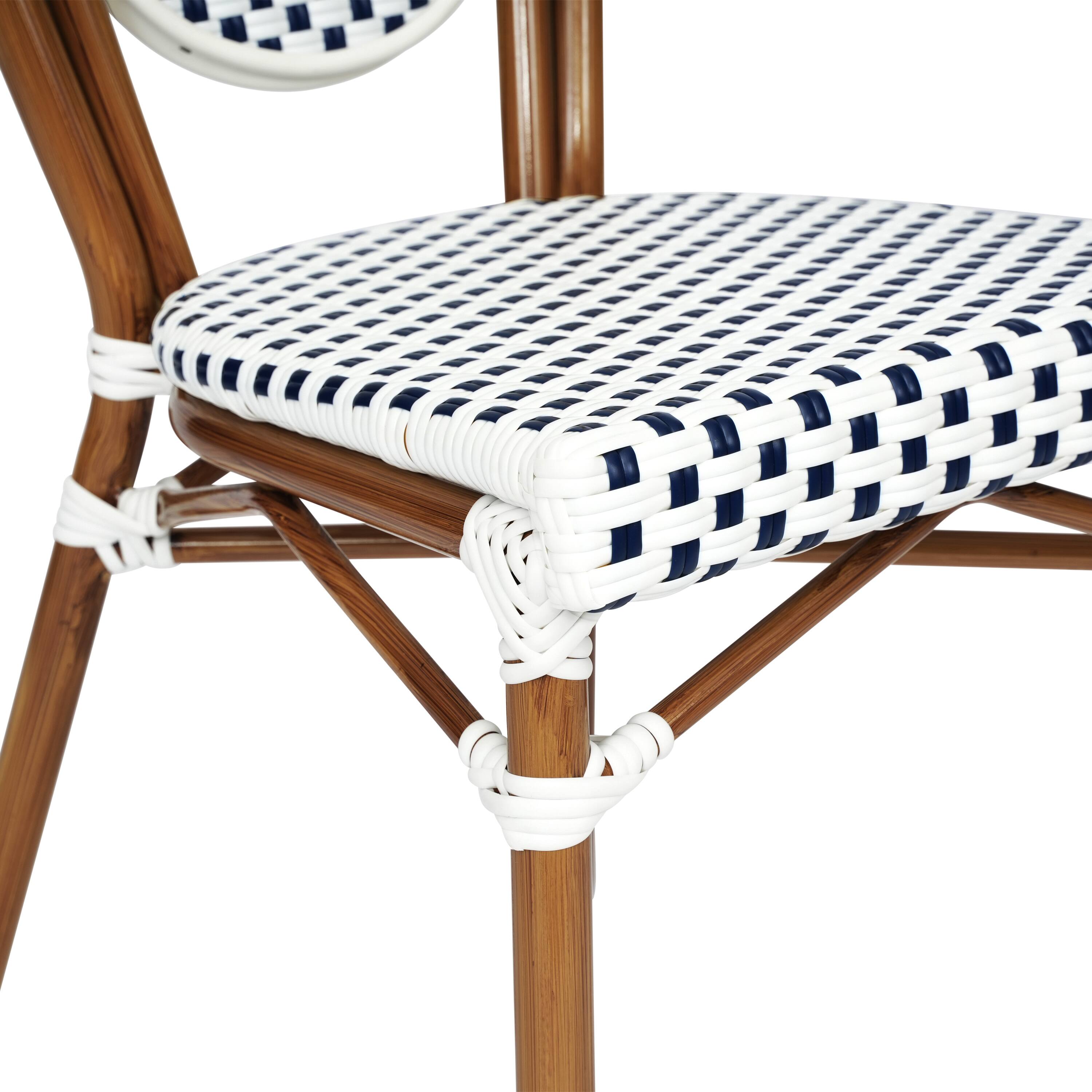 Alt View 10. Emma + Oliver - Colmar Indoor/Outdoor Stacking Thonet Bistro Style Chair with PE Rattan Seat and Metal Frame - White & Navy/Natural Frame.