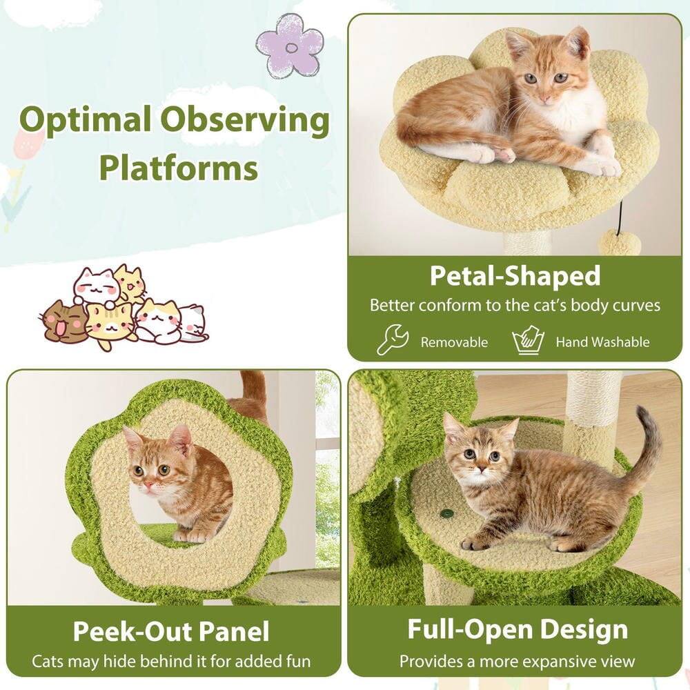 Optimal Observing Platforms

Petal-Shaped
- Better conform to the cat's body curves
- Removable
- Hand Washable

Peek-Out Panel
- Cats may hide behind it for added fun

Full-Open Design
- Provides a more expansive view