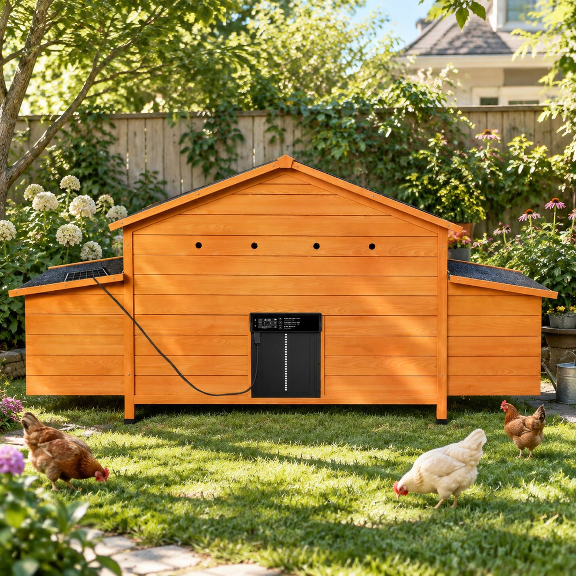 Alt View 1. RYHNUYNE - 70 Inch Automatic Chicken Coop, Solar Powered Door, Solid Wood, 2 Nesting Boxes, Pull Out Tray.