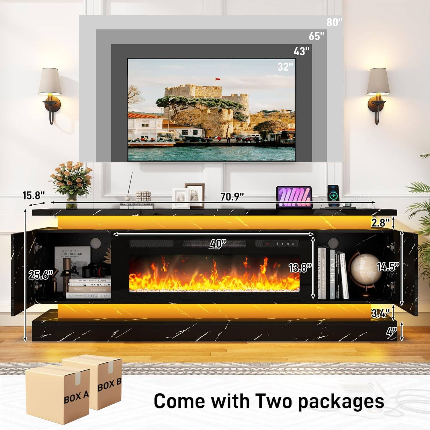 80" 65" 43" 32" 15.8" 70.9" 2.8" 40" 25.6" 13.8" 14.5" 3.4" 40" BOX A BOX B Come with Two packages