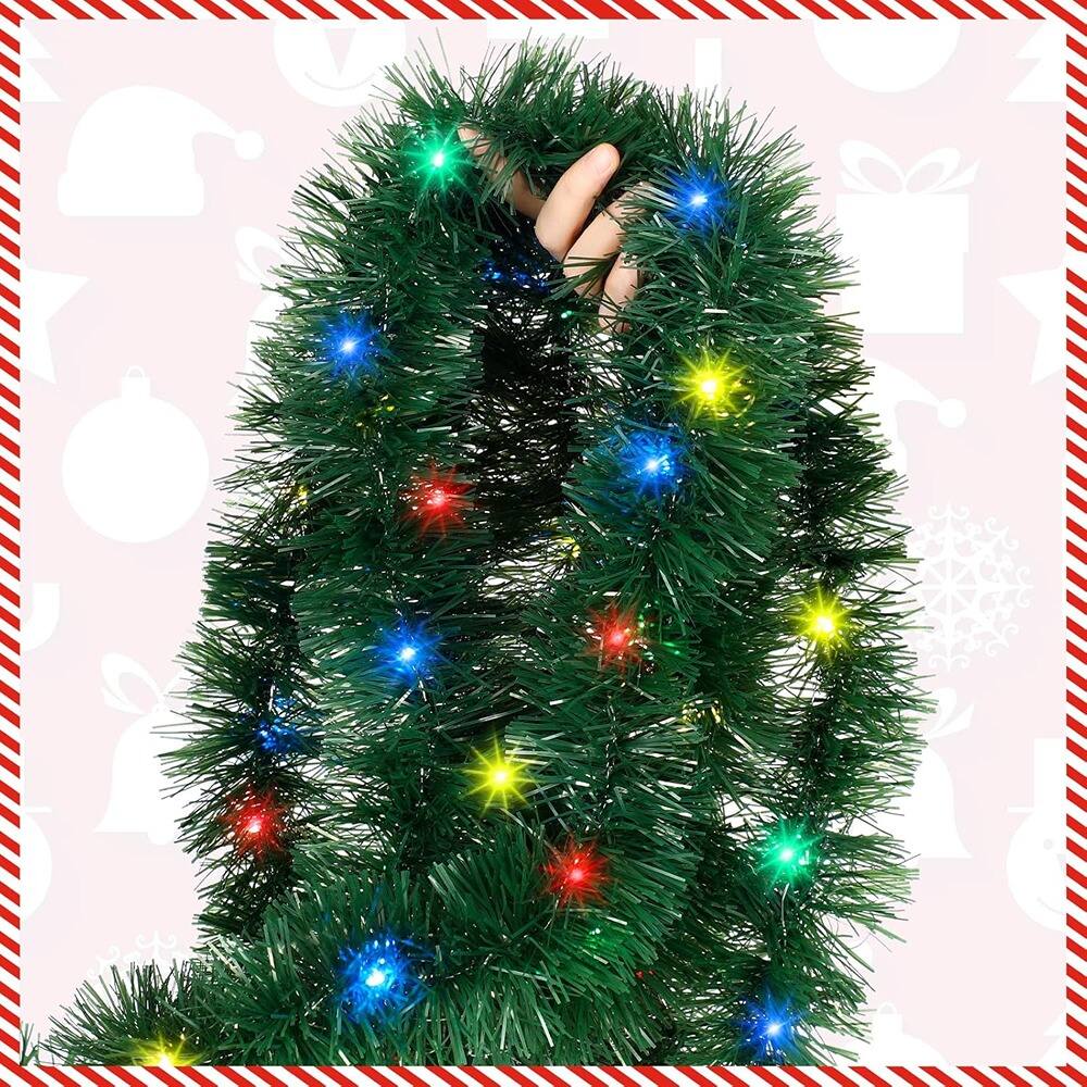 Back. PARKER SLATER - 16.4FT Lighted Christmas Tinsel Garland with 50 LED Lights, Green Metallic - Multicolor, Green.