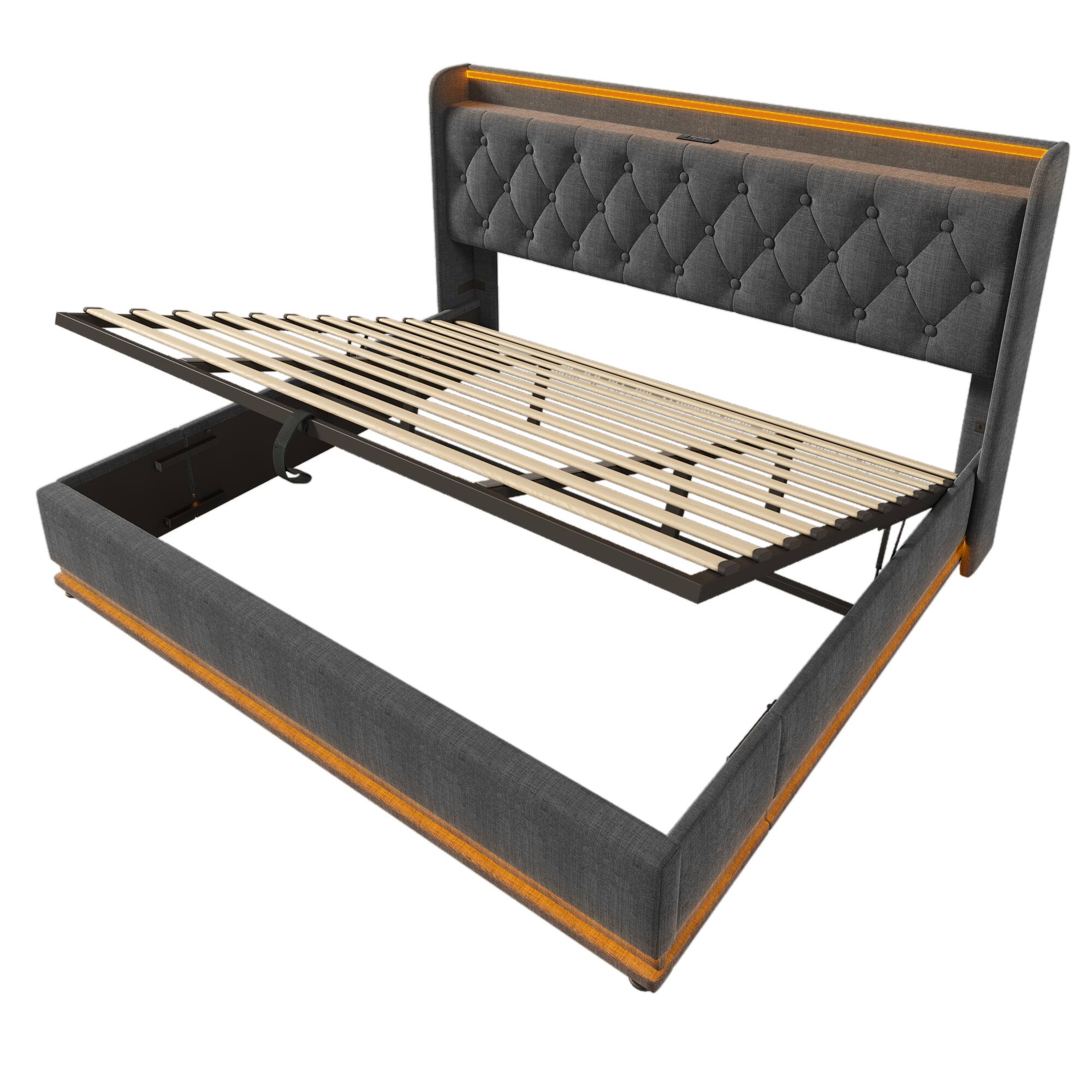 Alt View 4. LUCKY ONE - King size Linen Upholstered Bed Frame with 360 surround LED function and USB Type-C charging - Gray.