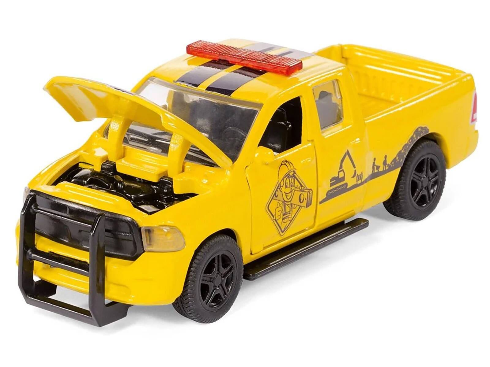 Back. SIKU - Ram 1500 Pickup Truck Yellow with Compressor Trailer and Worker Figure with Accessories Set 1/50 Diecast Models by Siku - Yellow.