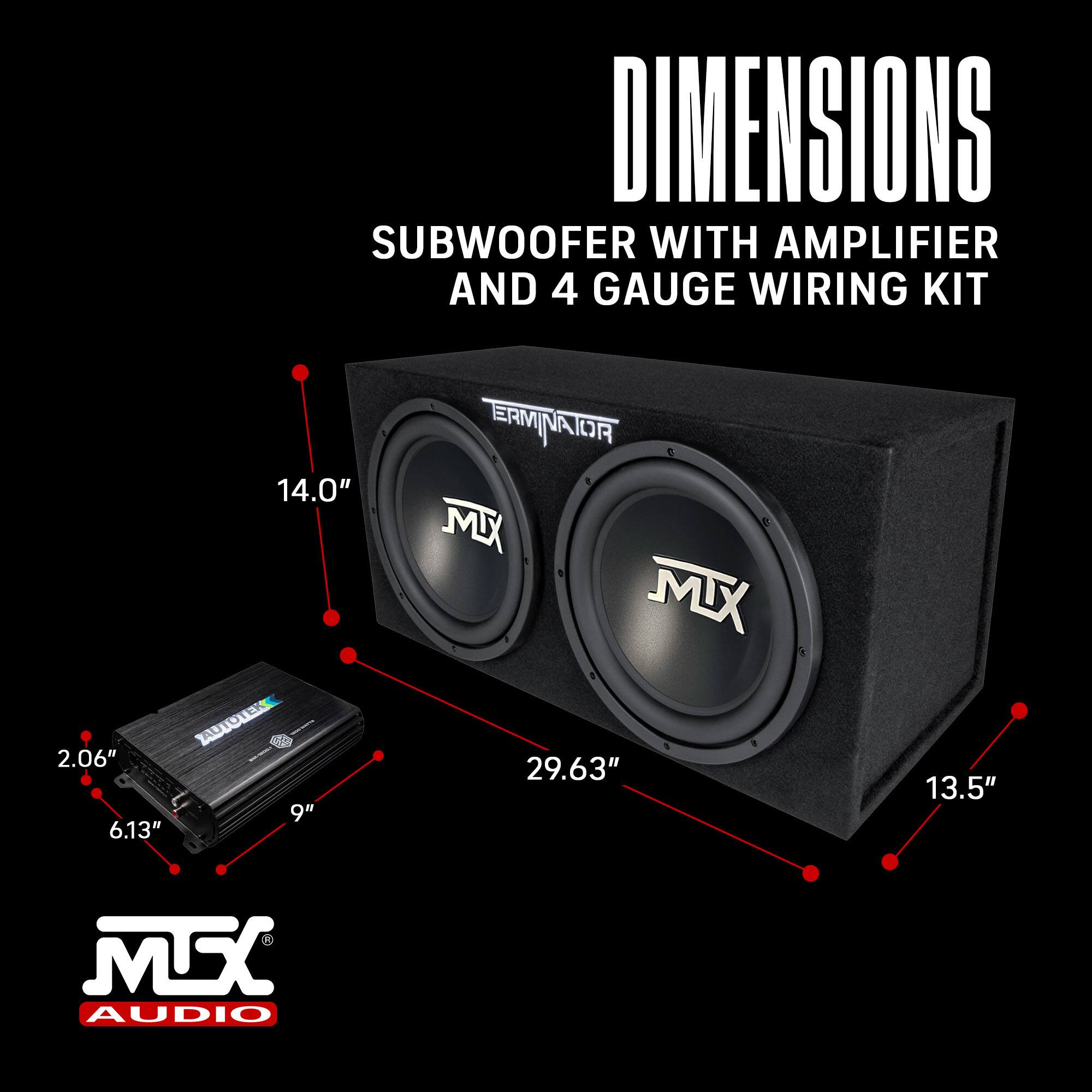 DIMENSIONS  
SUBWOOFER WITH AMPLIFIER AND 4 GAUGE WIRING KIT  

14.0"  
2.06"  
6.13"  
9"  
29.63"  
13.5"  

MTX AUDIO