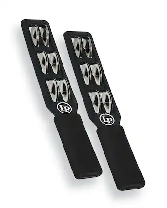 Front. Latin Percussion - LP180 Jingle Sticks – Steel Jingle Drumsticks Pair, Tambourine Sound for Drums and Cymbals - Black / Silver.