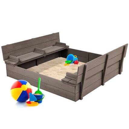Front. Hivvago - Sturdy Cedar Wood Kids Outdoor Sandbox with Benches in Grey Finish - Grey.