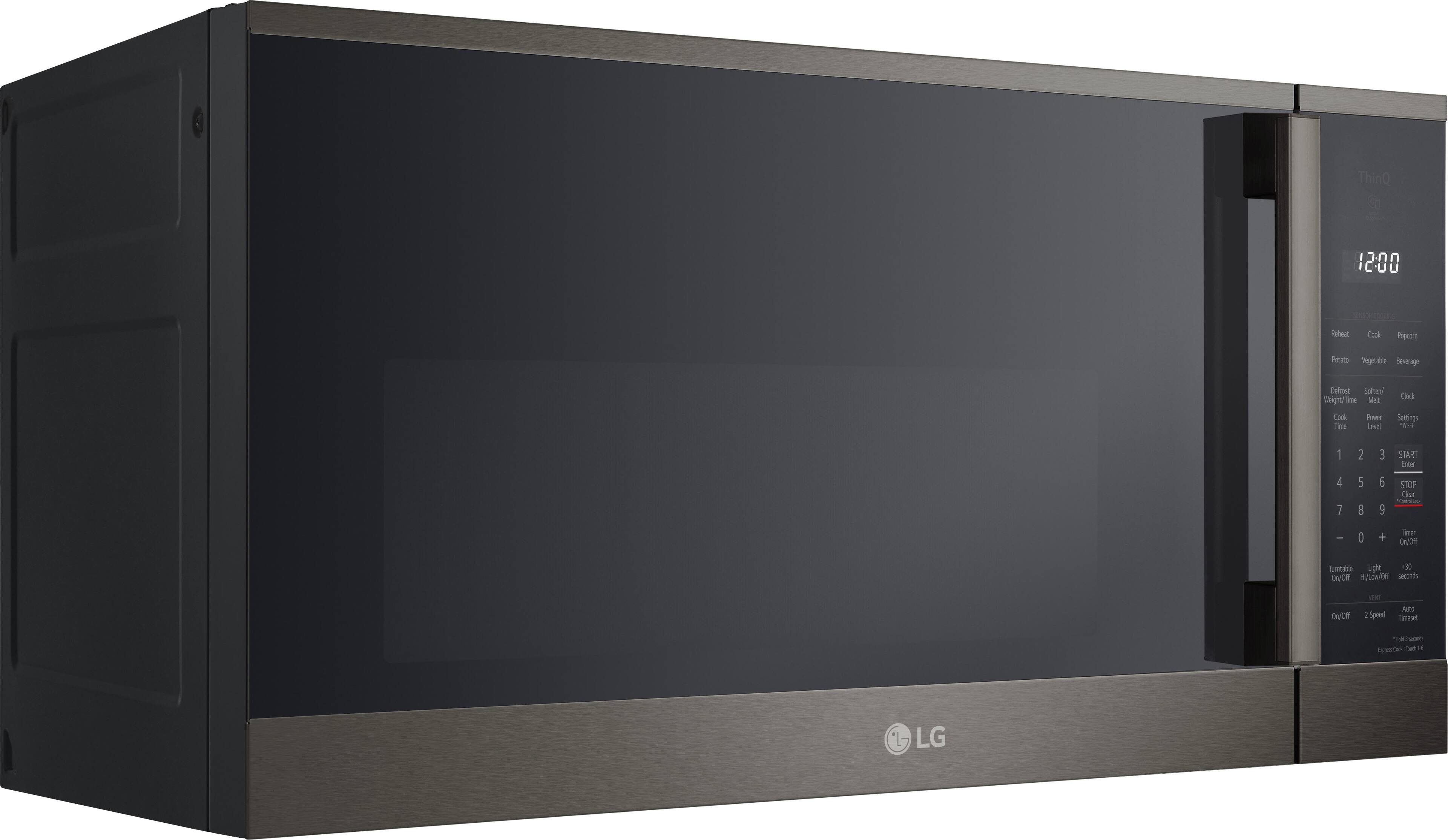 ThinQ  
12:00  

Reheat  
Cook  
Popcorn  
Potato  
Vegetable  
Beverage  

Defrost  
Weight/Time  
Soften  
Milk  
Cook  
Power  
Start  
Stop  
Clear  

Timer On/Off  
Turntable On/Off  
Light On/Off  
Speed  
Auto  
Time/Weight  

START  
STOP  
CLOCK  
TIMER  
ON/OFF  
HUM/LOW/CH  
SKIN  
ON/ON  
UT  
Speed  
Auto  
Time/Weight  

LG