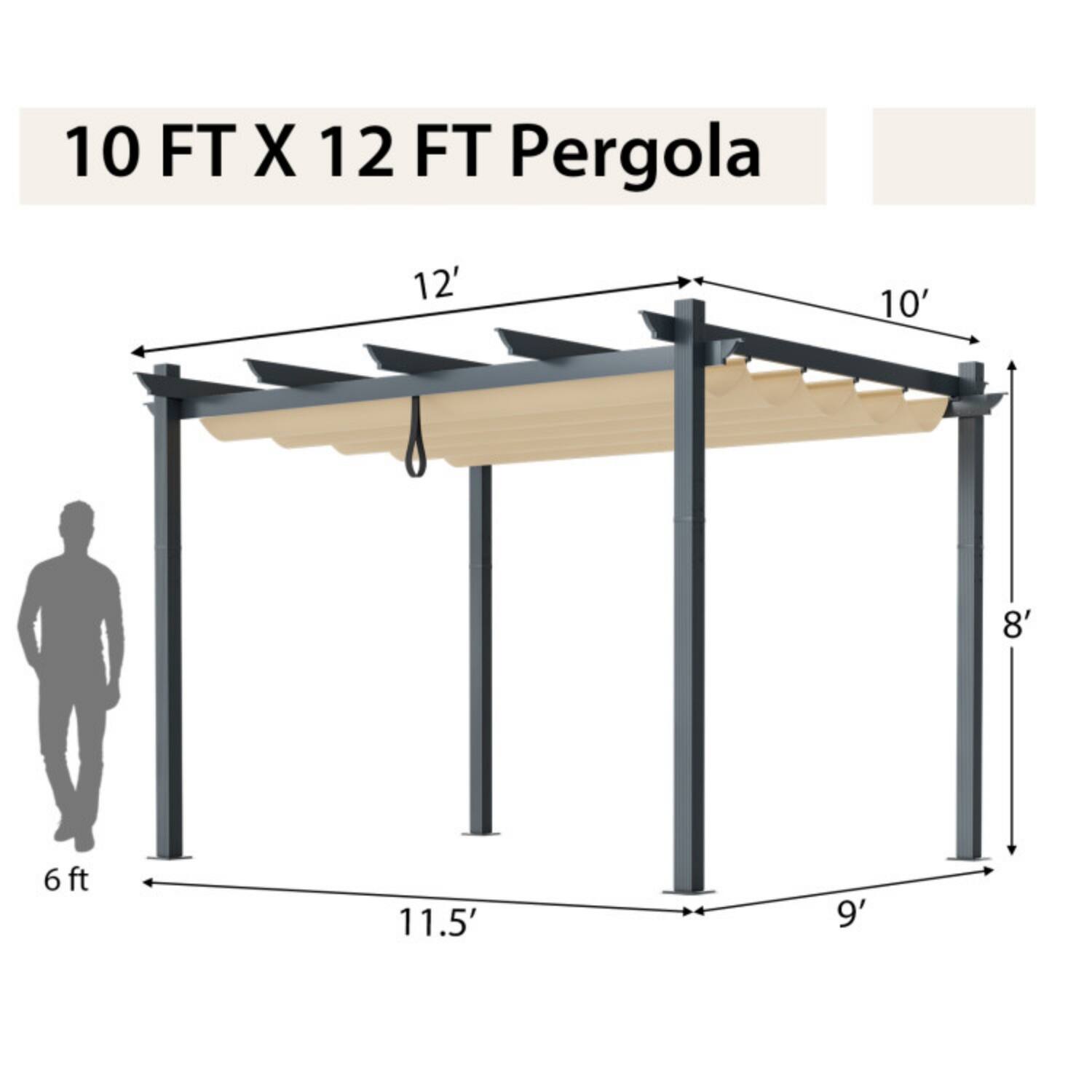 10 FT X 12 FT Pergola

- 12'
- 10'
- 8'
- 6 ft
- 11.5'
- 9'