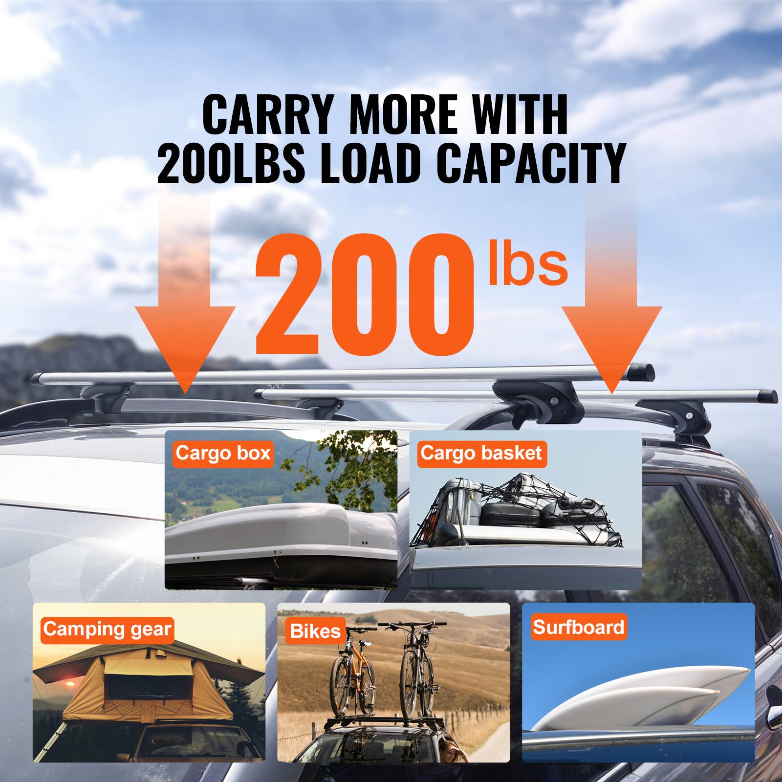 CARRY MORE WITH 200LBS LOAD CAPACITY

- Cargo box
- Cargo basket
- Camping gear
- Bikes
- Surfboard