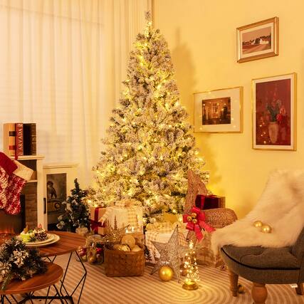 Front. Gymax - Gymax 7 FT Pre-Lit Snow-Flocked Xmas Tree 3-Minute-Setup Artificial Hinged Christmas Tree - Green, White.