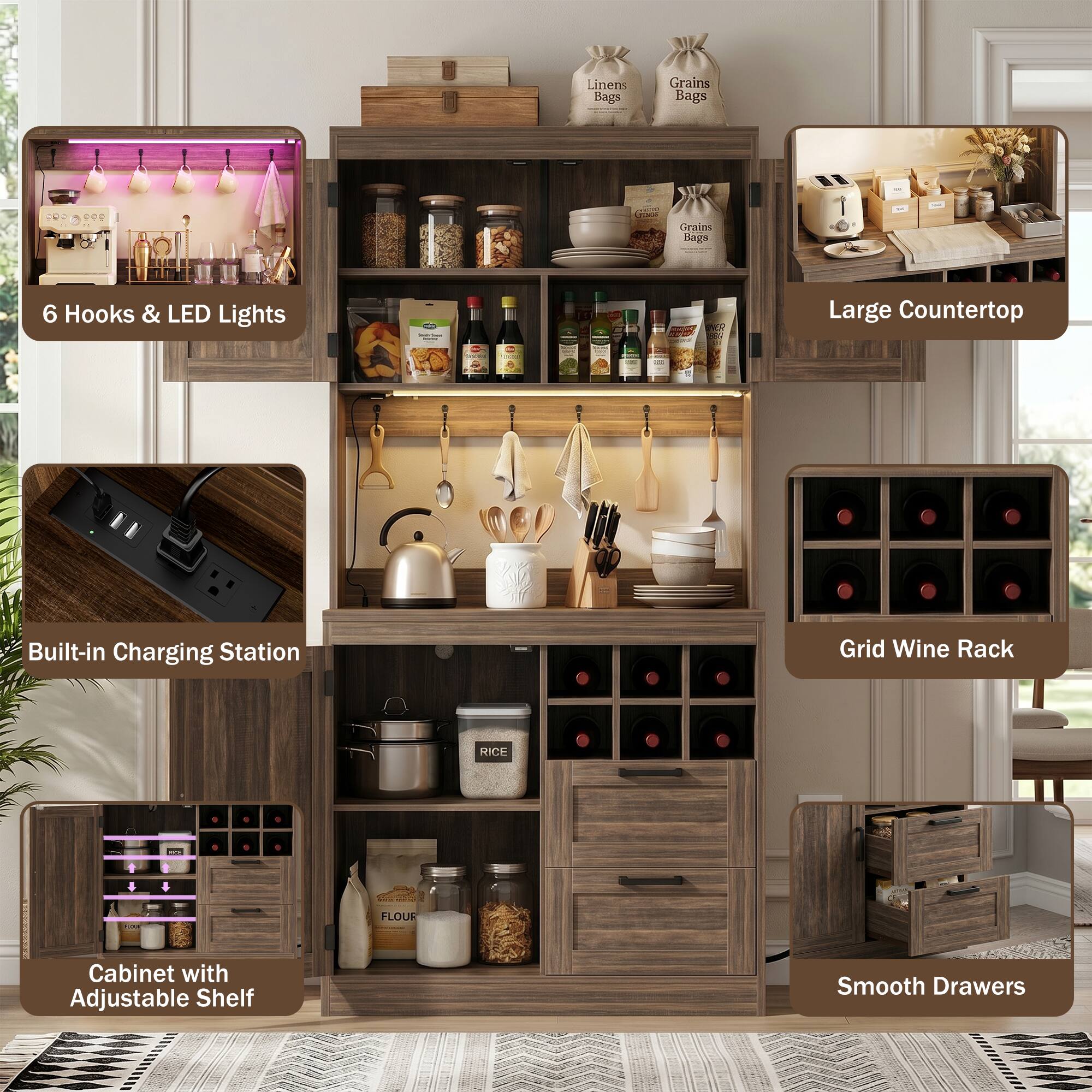 Linens Bags, Grains Bags, Drains, Kags, 6 Hooks & LED Lights, O C -U, Large Countertop, Built-in Charging Station, Grid Wine Rack, RICE, OU, a d, FLOUR, Cabinet with Adjustable Shelf, Smooth Drawers