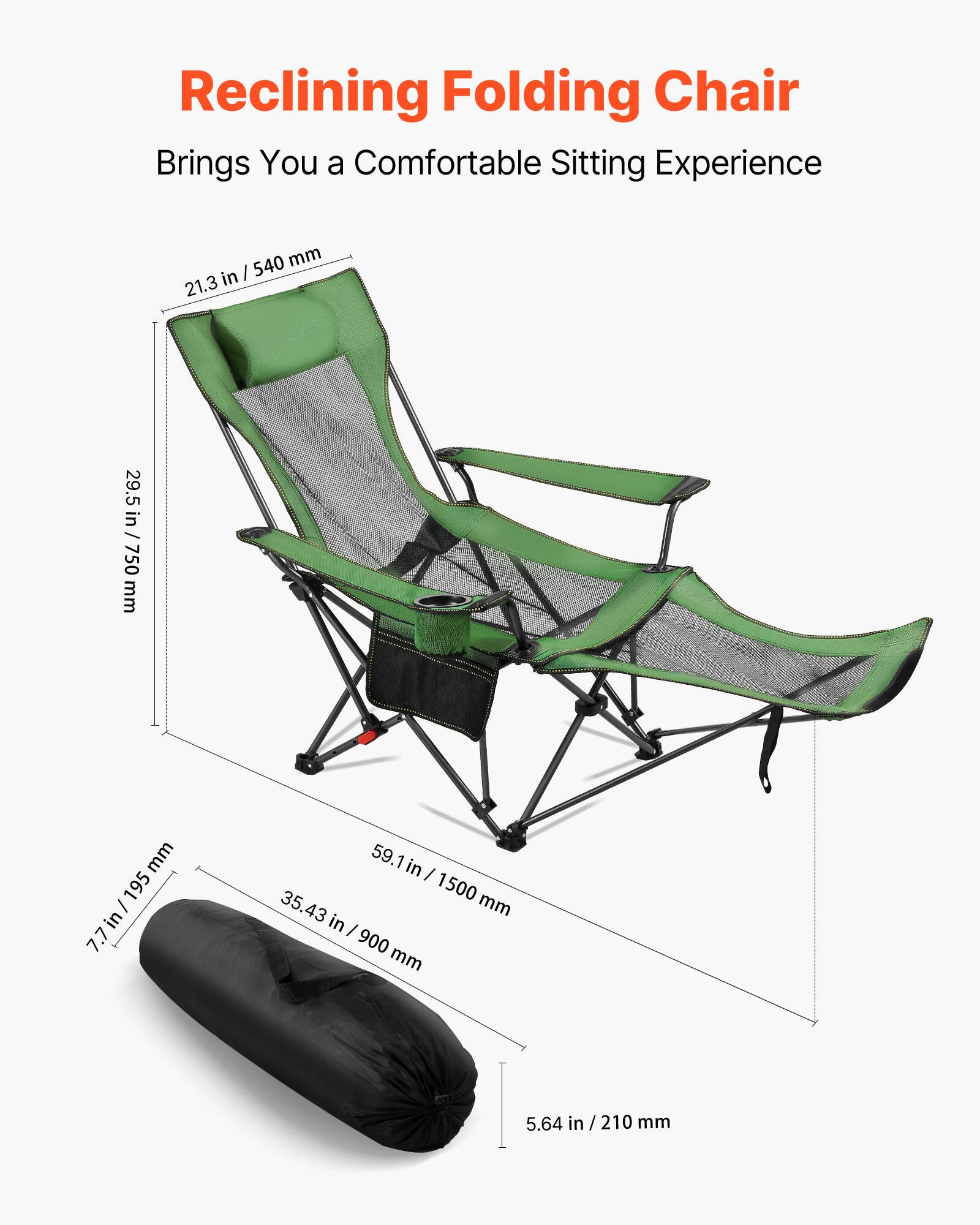 Reclining Folding Chair  
Brings You a Comfortable Sitting Experience  

- 21.3 in / 540 mm  
- 29.5 in / 750 mm  
- 7.7 in / 195 mm  
- 59.1 in / 1500 mm  
- 35.43 in / 900 mm  
- 5.64 in / 210 mm