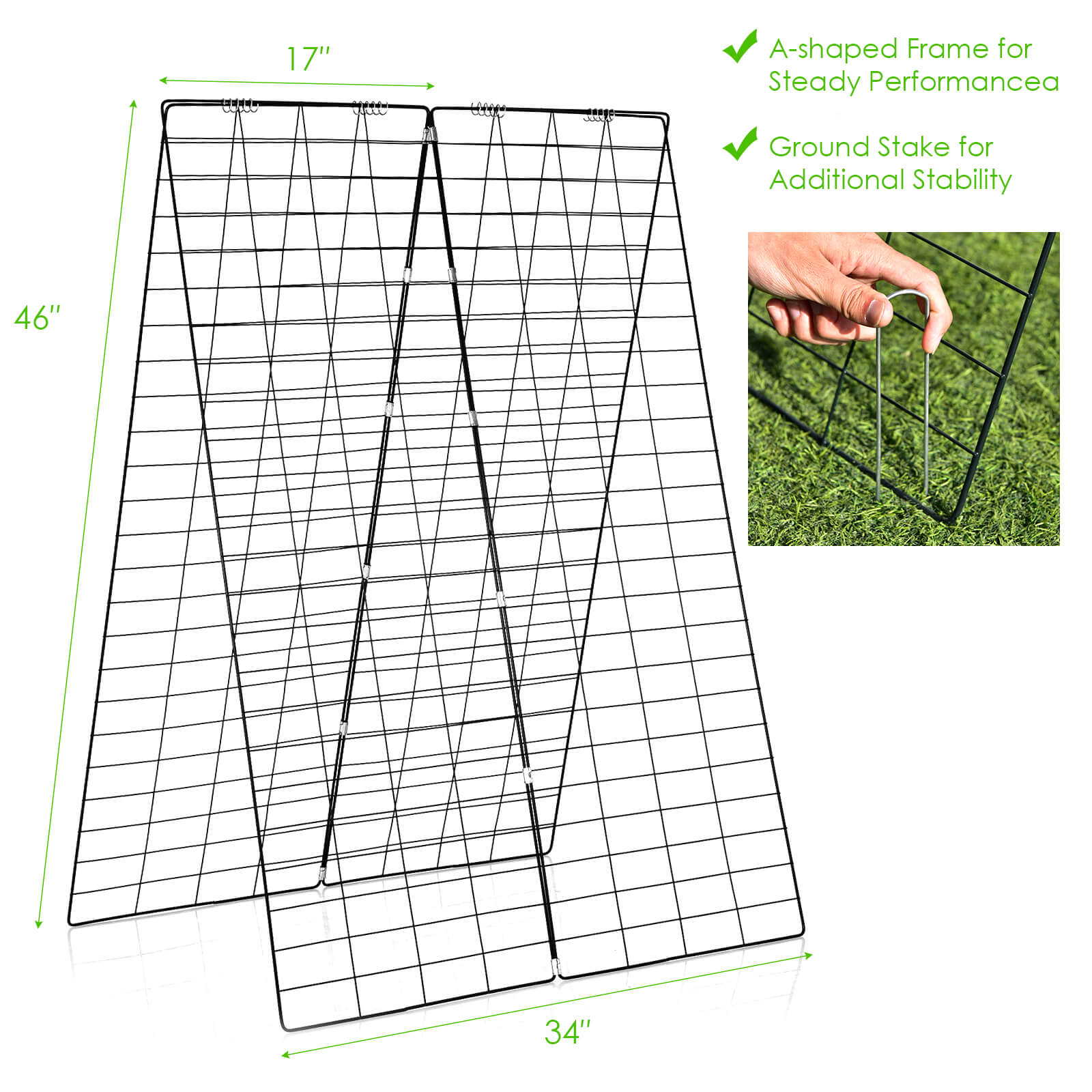 17" A-shaped Frame for Steady Performance  
46"  
34"  
Ground Stake for Additional Stability