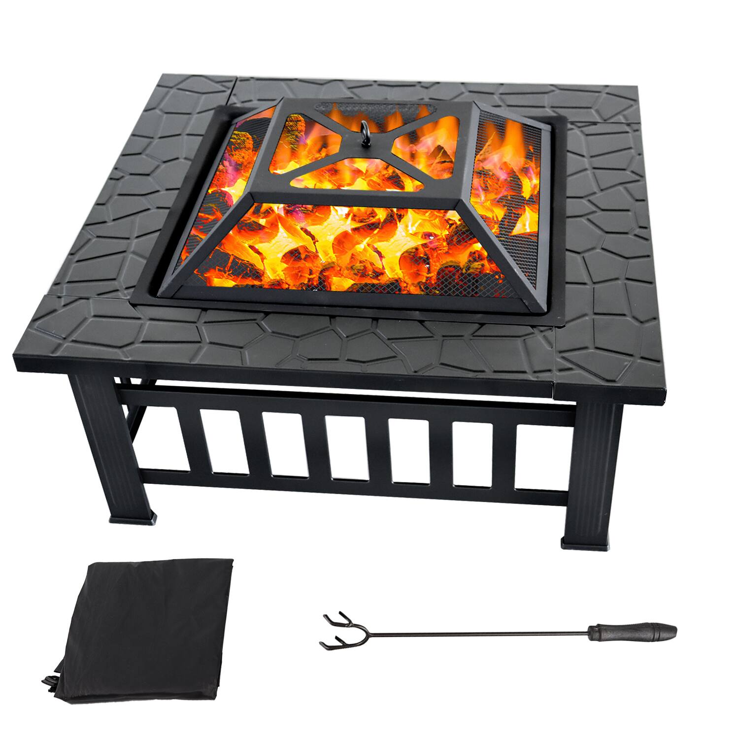 BP4U - 32" Heavy Duty Fire Pit Table with Spark Screen Cover Log Grate and Poker - Black