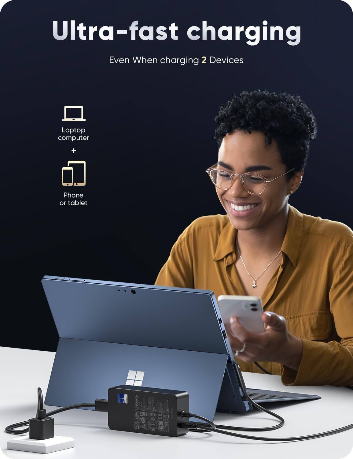 Ultra-fast charging  
Even When charging 2 Devices  
Laptop computer + Phone or tablet