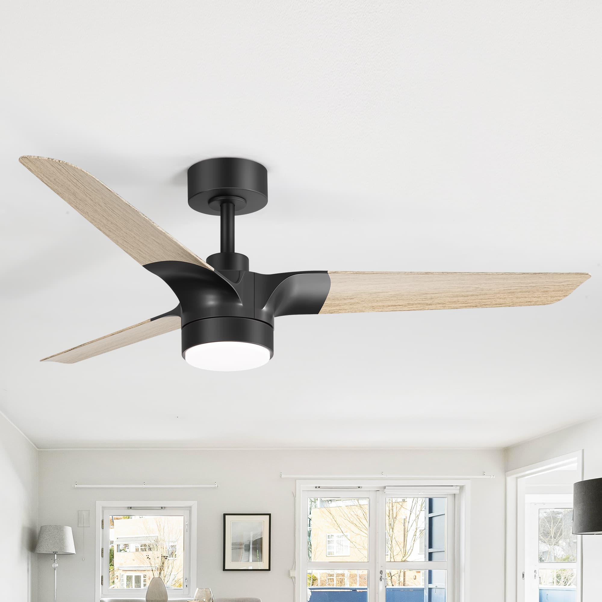 Breezary - 52-In Vintage Ceiling Fan with 3 Dual-Finish Blades, 3-Color Light, DC Motor, 6-Speed Remote Control with Timer - Matte Black and Light Wood Grain