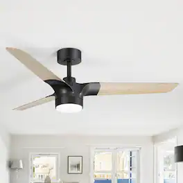 Breezary - 52-In Vintage Ceiling Fan with 3 Dual-Finish Blades, 3-Color Light, DC Motor, 6-Speed Remote Control with Timer - Matte Black and Light Wood Grain