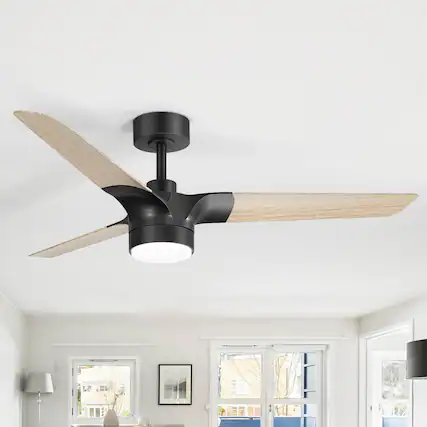 Front. Breezary - 52-In Vintage Ceiling Fan with 3 Dual-Finish Blades, 3-Color Light, DC Motor, 6-Speed Remote Control with Timer - Matte Black and Light Wood Grain.