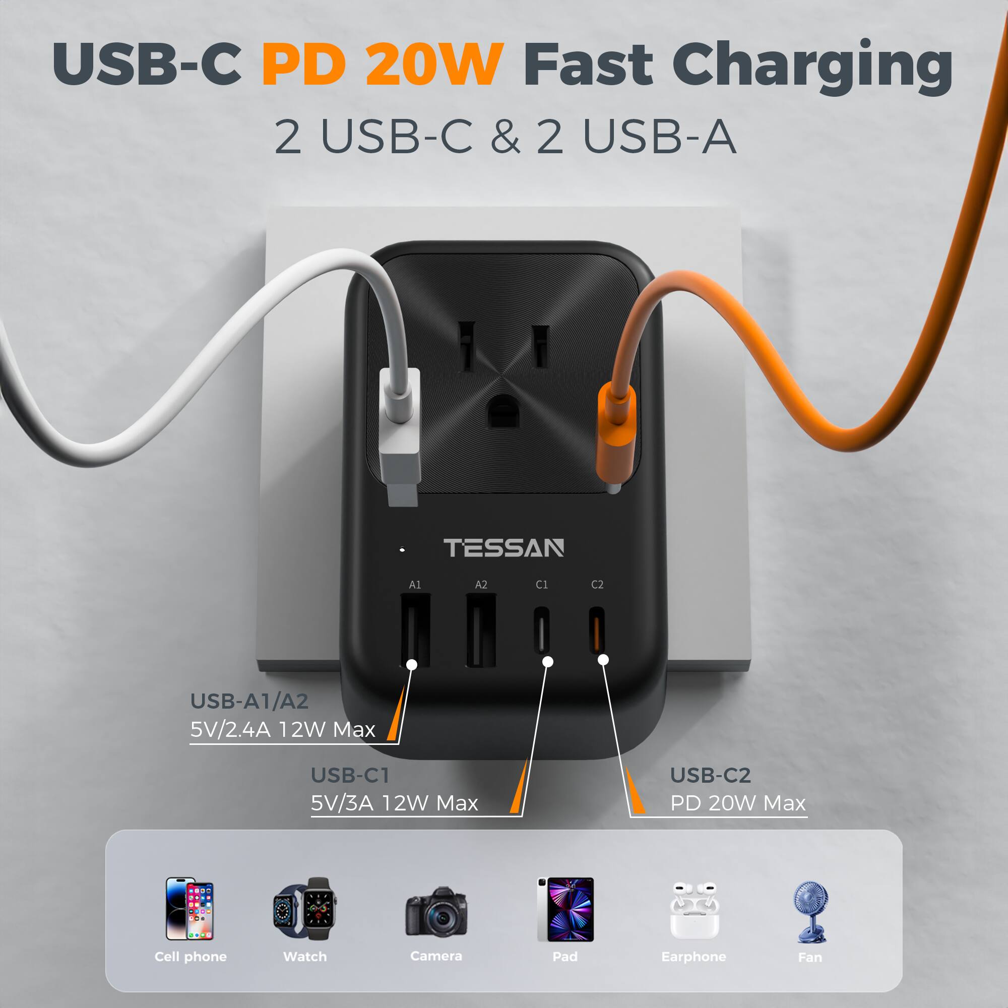 USB-C PD 20W Fast Charging  
2 USB-C & 2 USB-A  

TESSAN  
A1 A2  
C1 C2  

USB-A1/A2  
5V/2.4A 12W Max  

USB-C1  
5V/3A 12W Max  

USB-C2  
PD 20W Max  

Cell phone  
Watch  
Camera  
Pad  
Earphone  
Fan