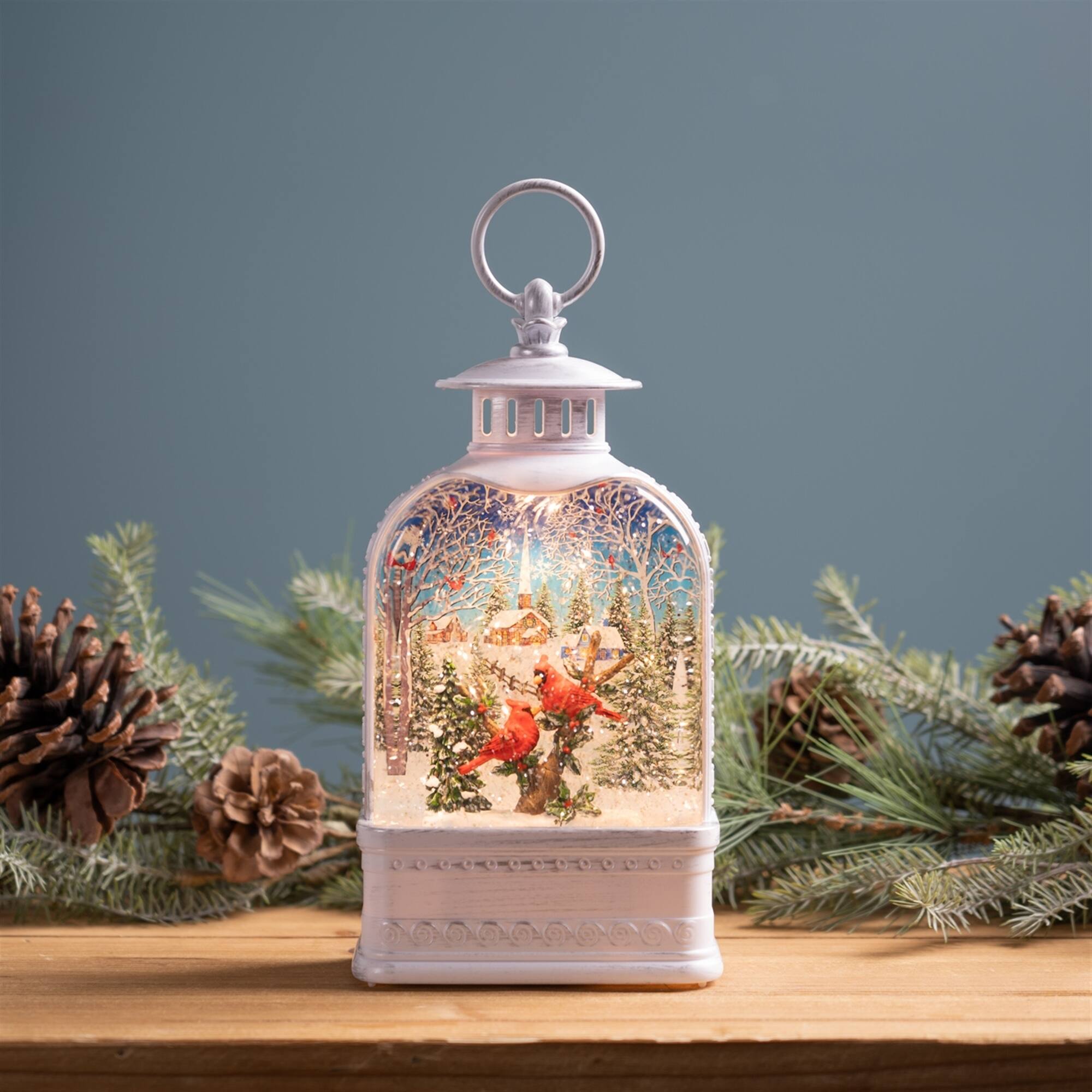 Angle. BreeBe - LED Snow Globe Lantern with Cardinal Forest Scene 10.5"H - White, Red, Green.