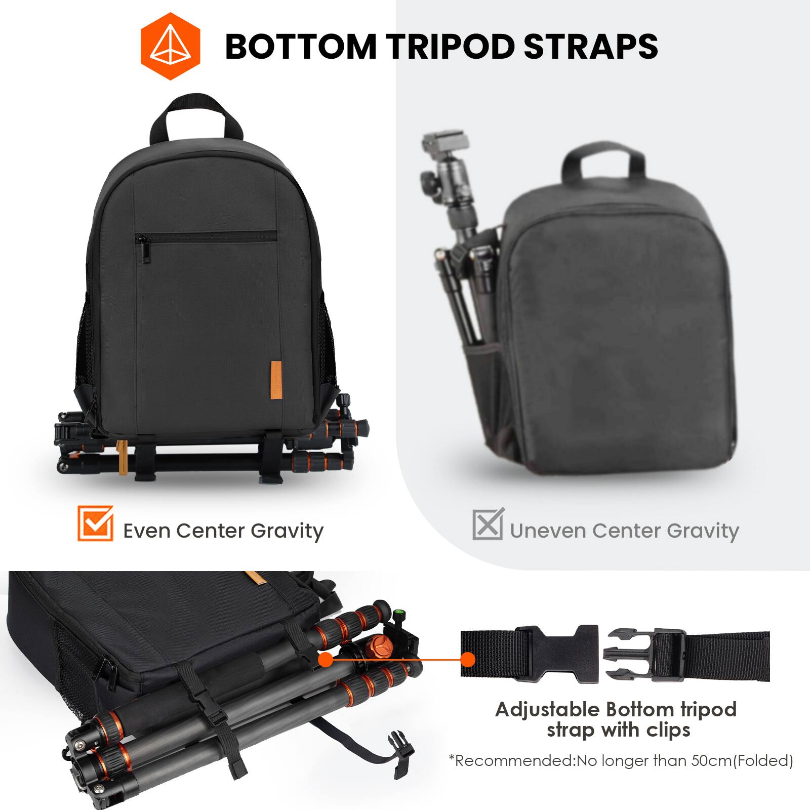 BOTTOM TRIPOD STRAPS

Even Center Gravity

Uneven Center Gravity

Adjustable Bottom tripod strap with clips

*Recommended: No longer than 50cm (Folded)