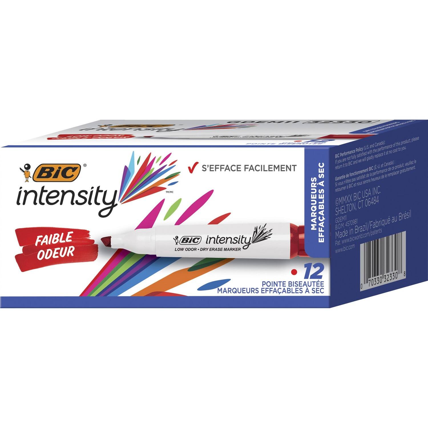 BIC intensity  
FAIBLE ODEUR  
S'EFFACE FACILEMENT  
MARQUEURS EFFACABLES À SEC  
POINT BISEAUTÉ  
LOW ODOR - DRY ERASE MARKER  
Made in Brazil  
www.bicworld.com/batents