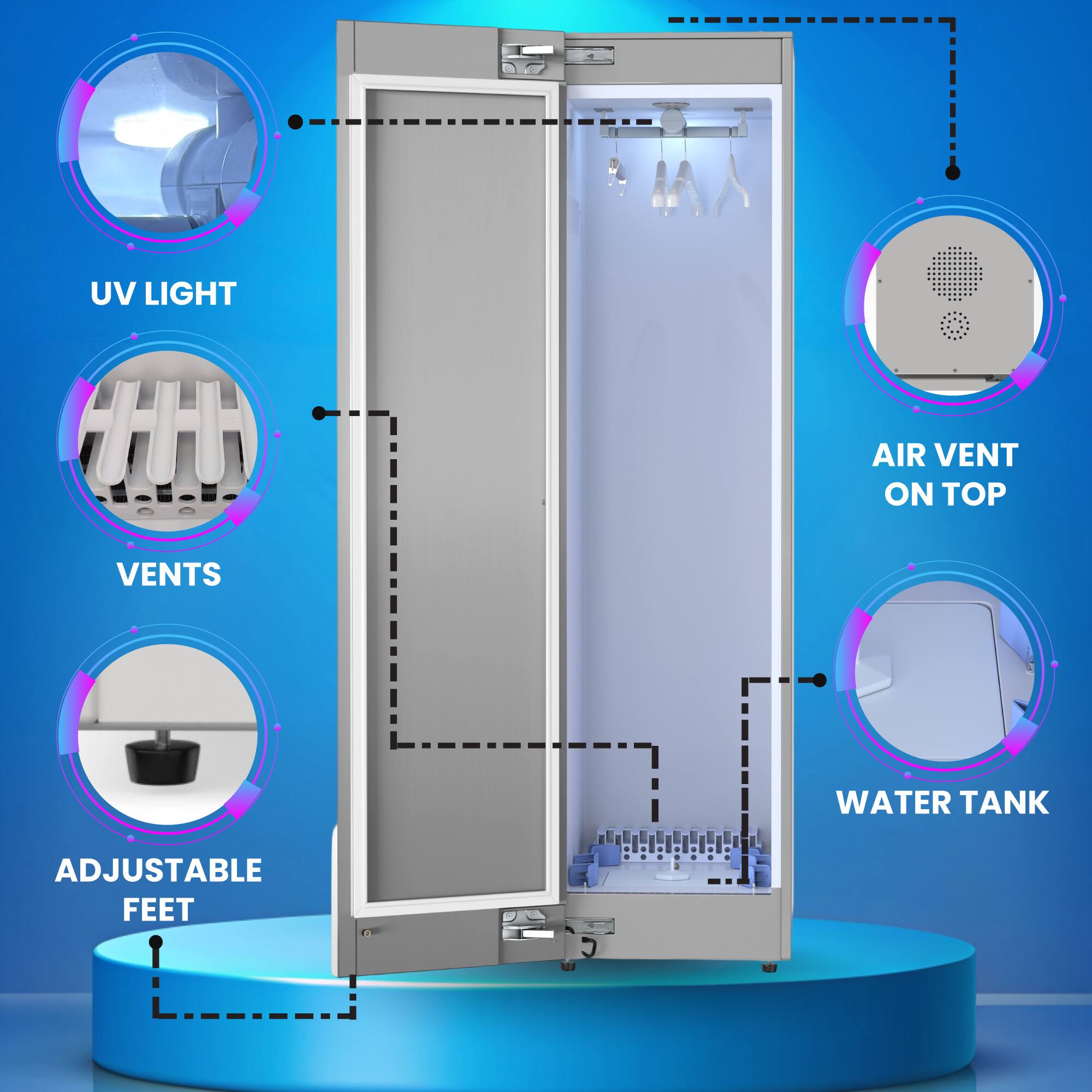 UV LIGHT  
VENTS  
ADJUSTABLE FEET  
AIR VENT ON TOP  
WATER TANK