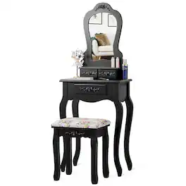 Costway - Vanity Wood Makeup Dressing Table Stool Jewelry Desk - Black
