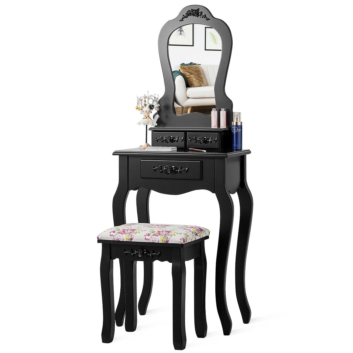 Front. Costway - Costway Vanity Wood Makeup Dressing Table Stool Jewelry Desk - Black.
