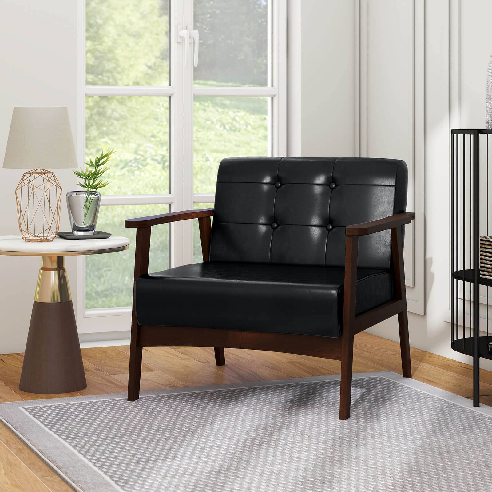 Alt View 3. Costway - Costway Mid Century Accent Chair Tufted Reading Armchair Solid Rubber Wood - Black.