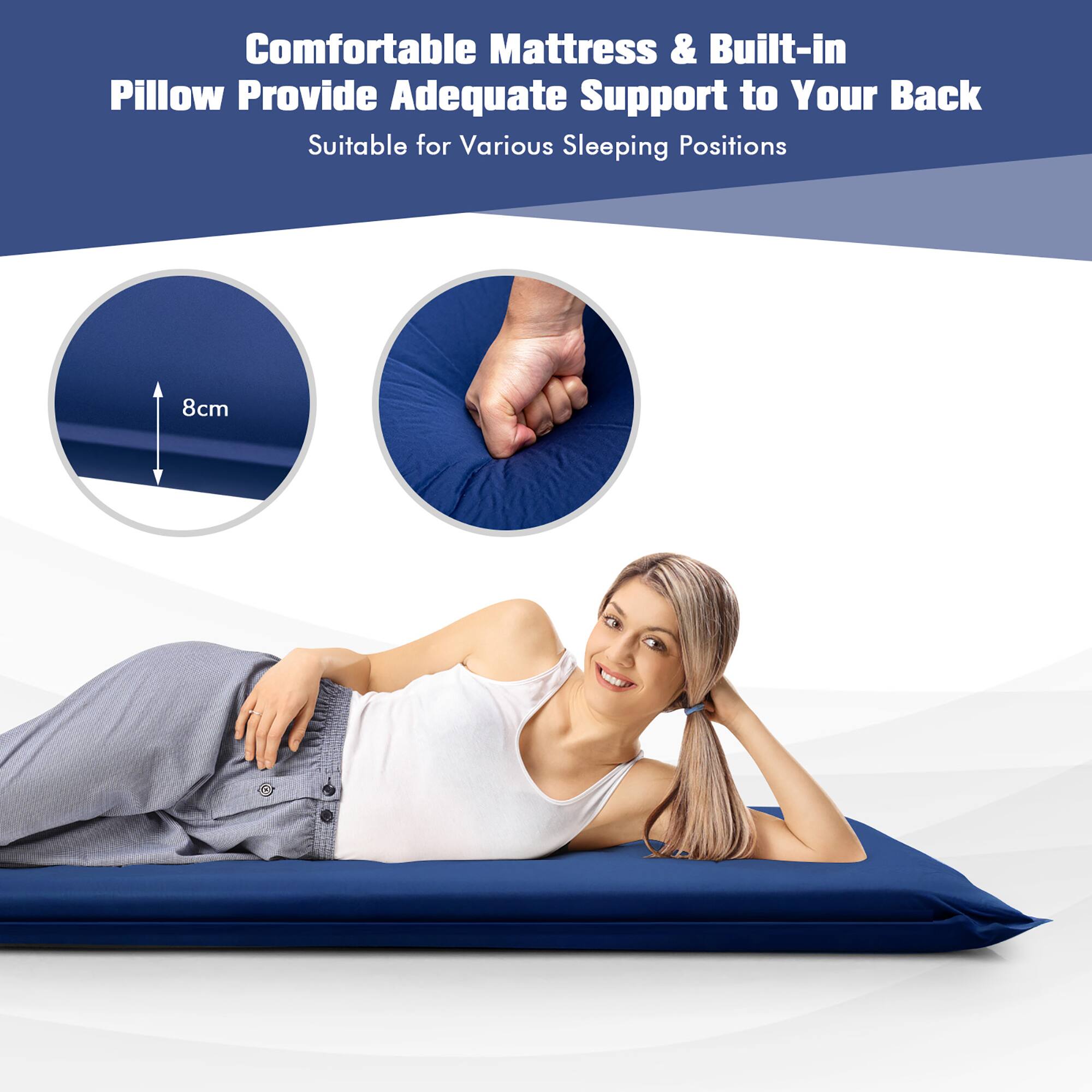 Comfortable Mattress & Built-in Pillow Provide Adequate Support to Your Back Suitable for Various Sleeping Positions 8cm.
