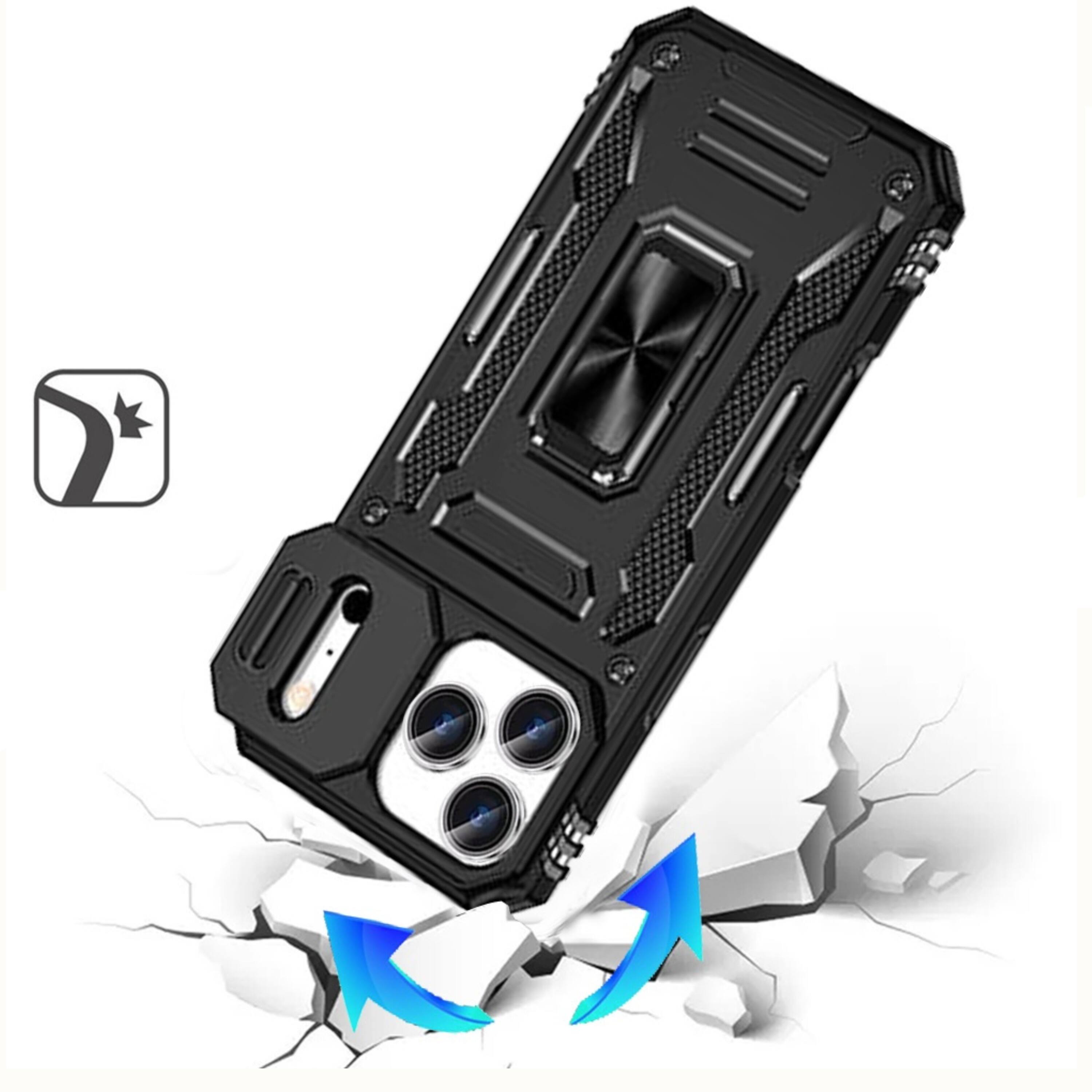 Angle. Kitcheniva - Sliding Camera Lens Cover Case With Metal Ring Stand And Tempered Glass For iPhone 17 Pro Black - Black.