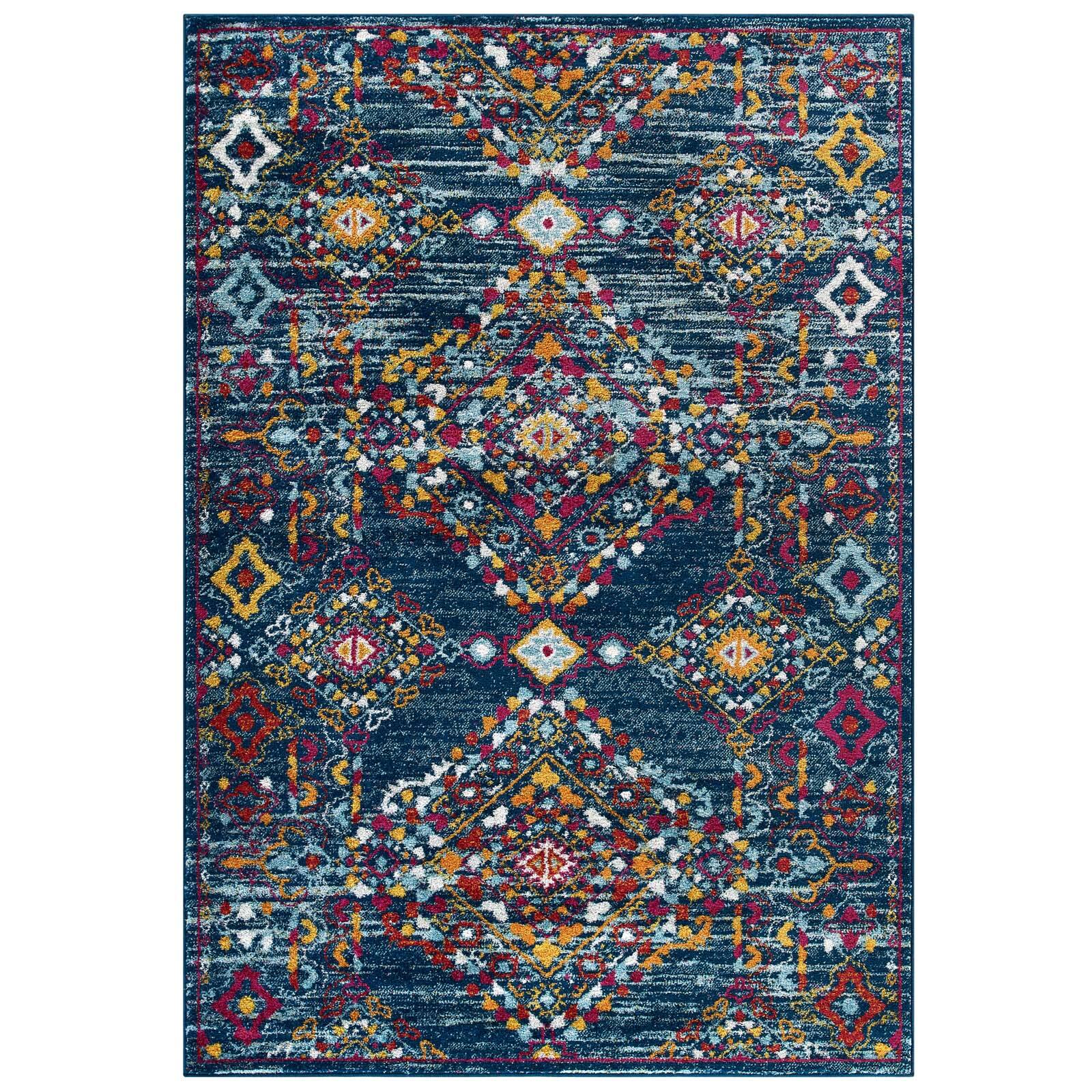 Angle. Modway - Entourage Khalida Distressed Floral Lattice Area Rug - Blue Orange Yellow Red.